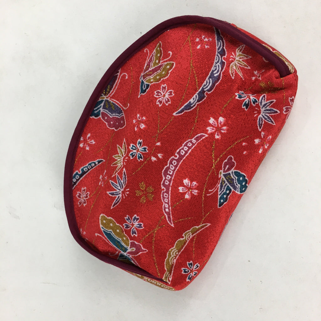 Japanese Fabric Pouch Vtg Red Flower Butterfly Zipper Kimono Fukuro KB42