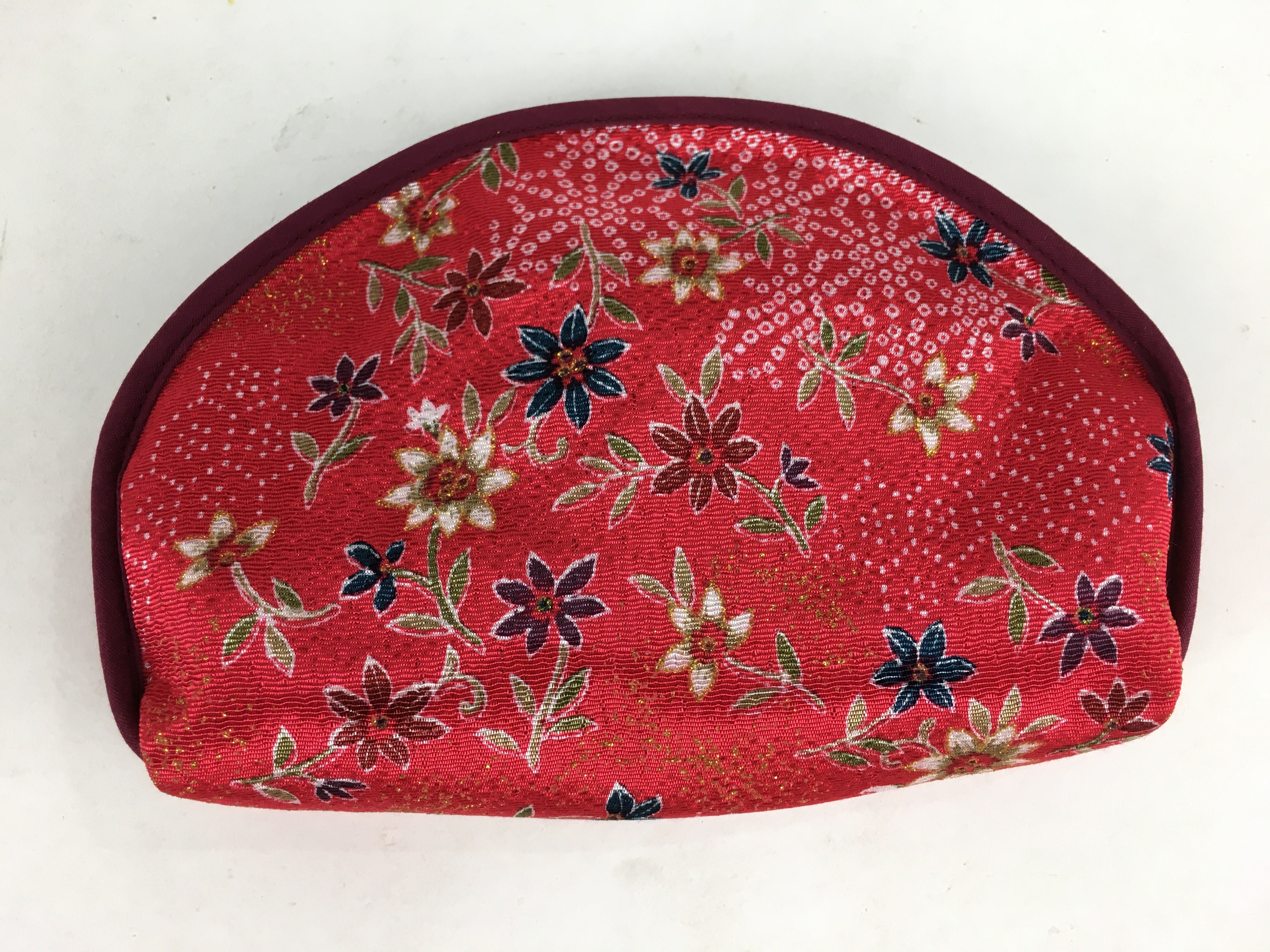 Japanese Fabric Pouch Vtg Red Small Flowers Zipper Kimono Fukuro KB44