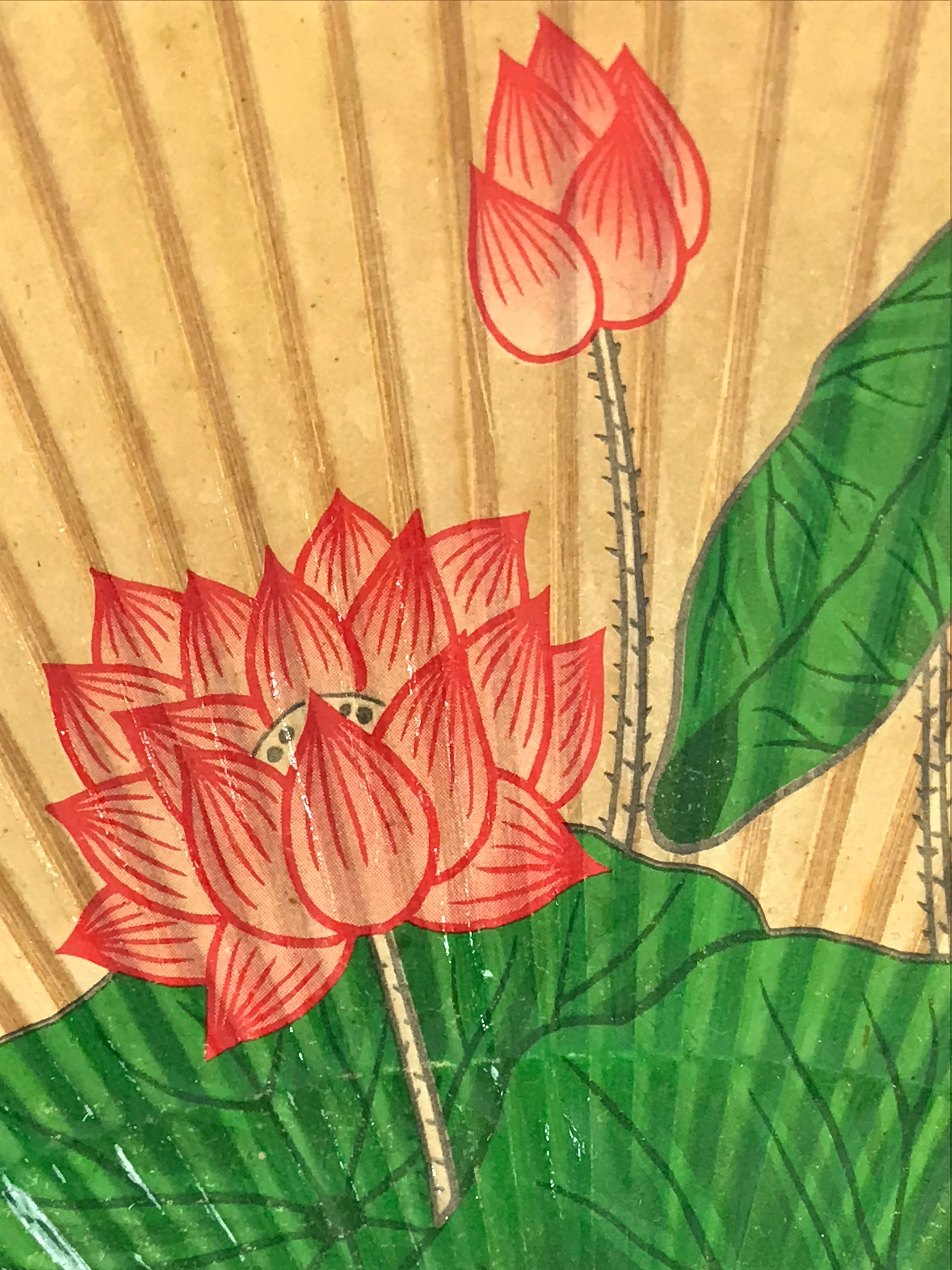 Japanese Fan Mizu Uchiwa Vtg Japanese Paper Transparency Lotus Flower JK419
