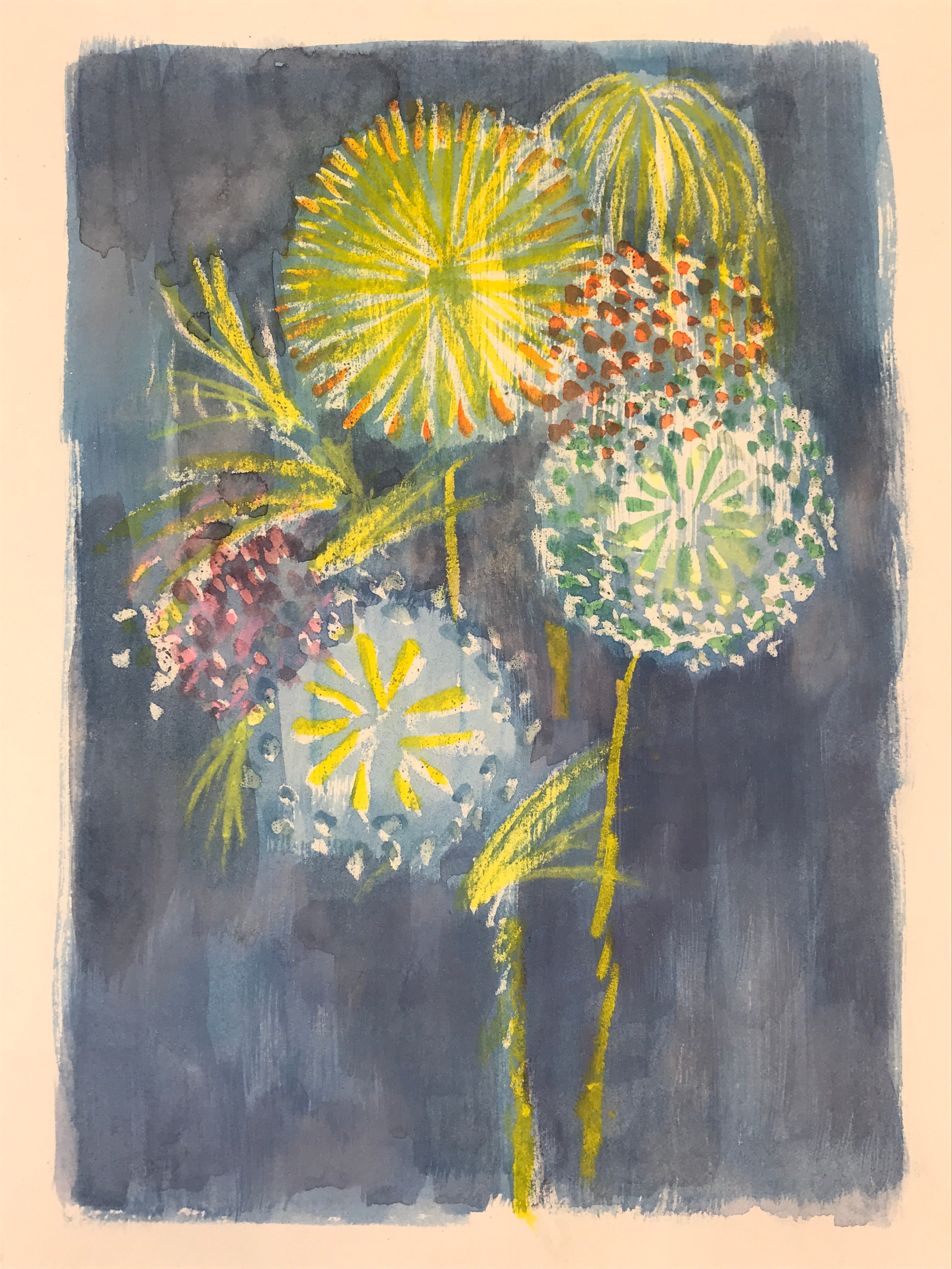 Japanese Fireworks Watercolor Painting Original Art Cardstock Unsigned FL146
