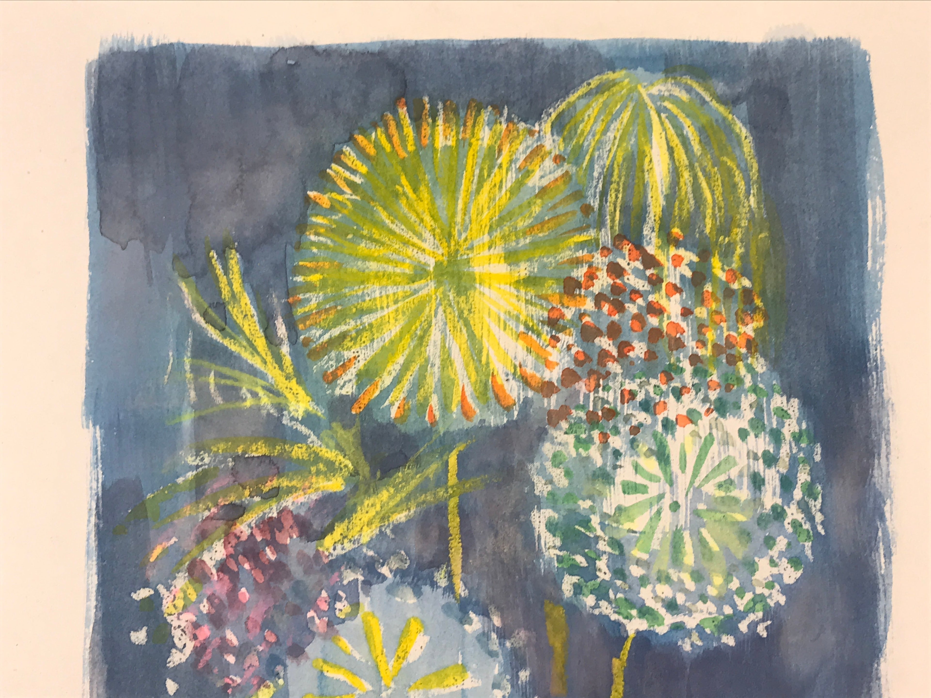 Japanese Fireworks Watercolor Painting Original Art Cardstock Unsigned FL146