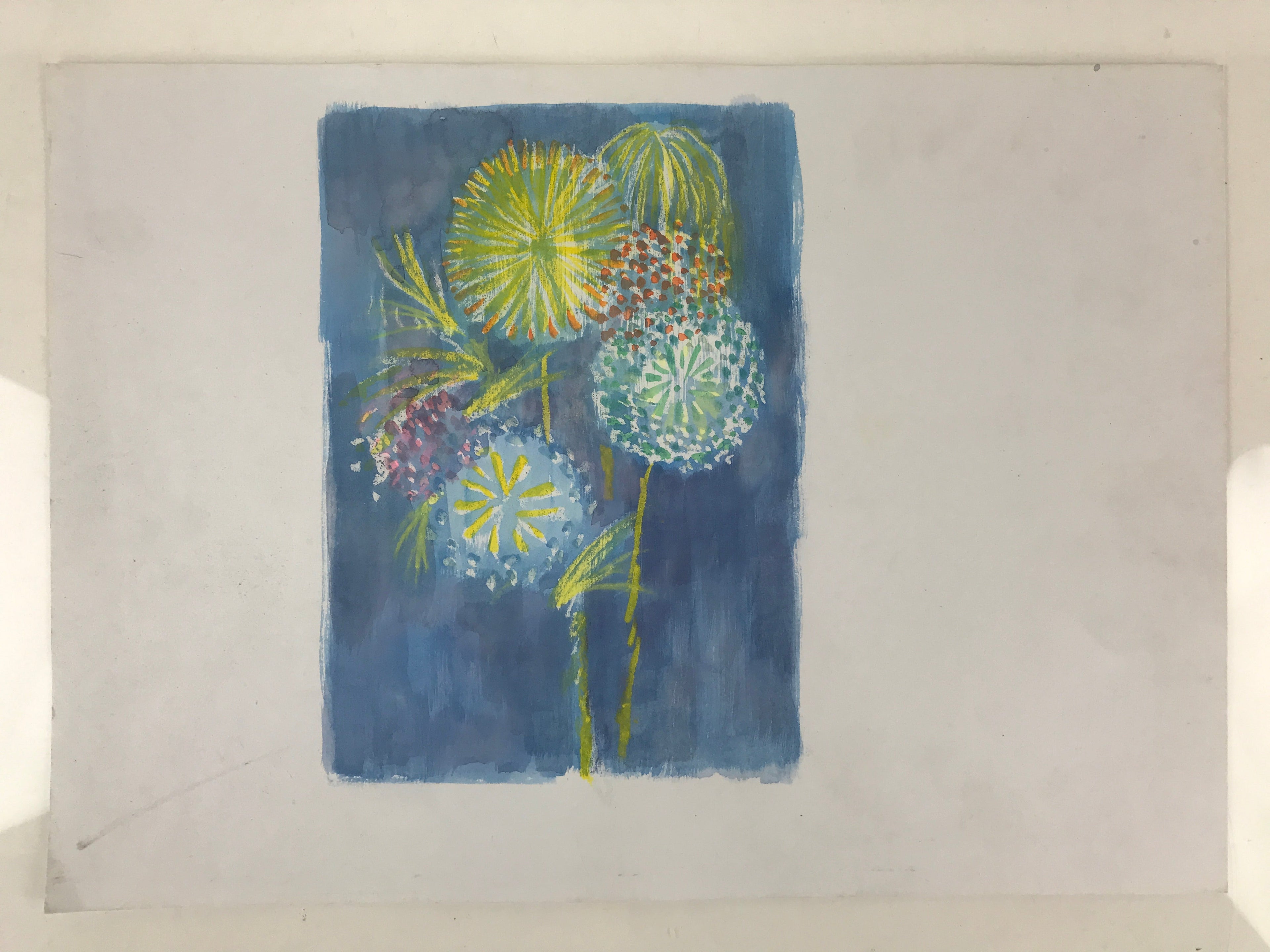 Japanese Fireworks Watercolor Painting Original Art Cardstock Unsigned FL146