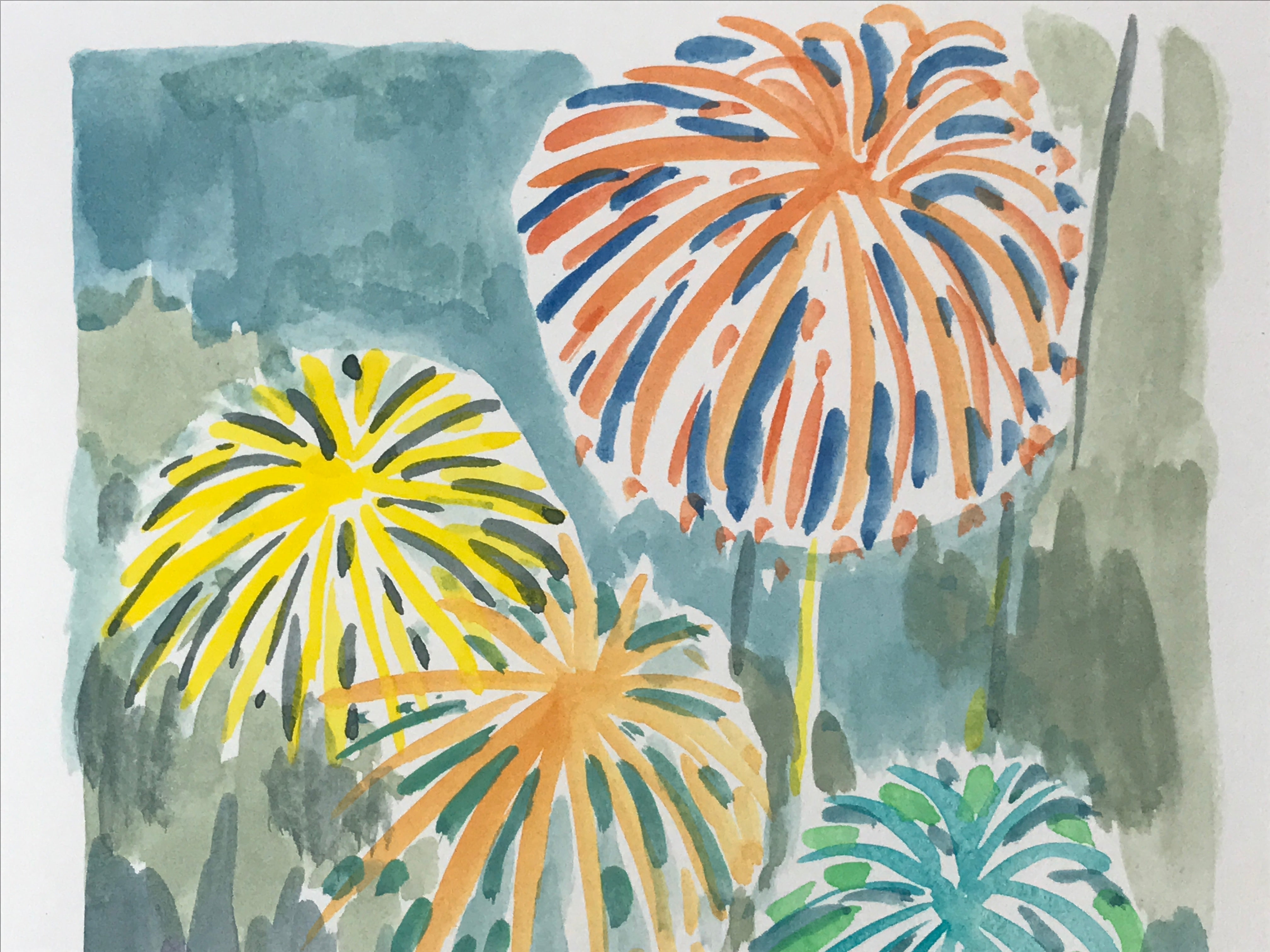 Japanese Fireworks Watercolor Painting Original Art Cardstock Unsigned FL147