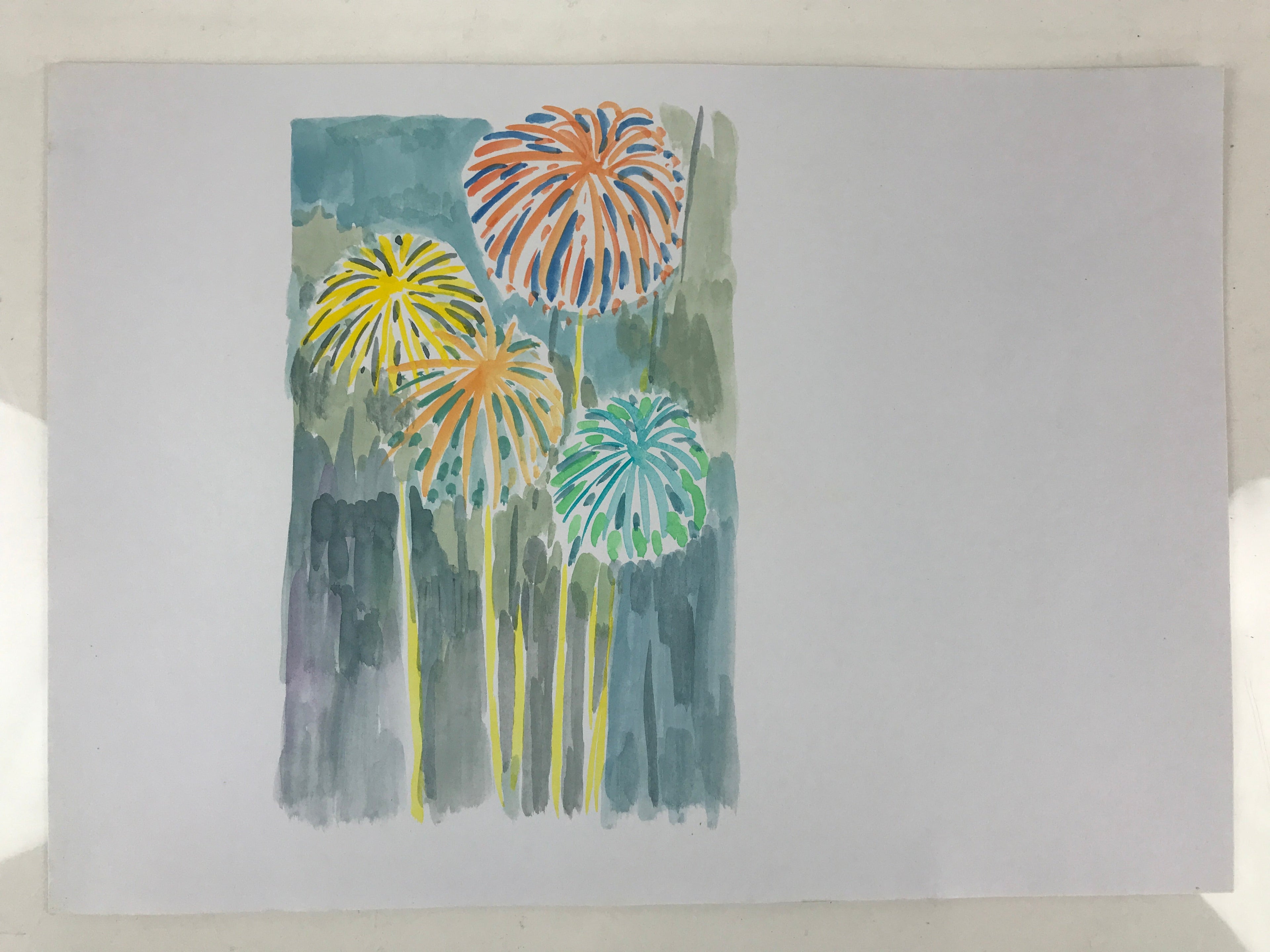 Japanese Fireworks Watercolor Painting Original Art Cardstock Unsigned FL147
