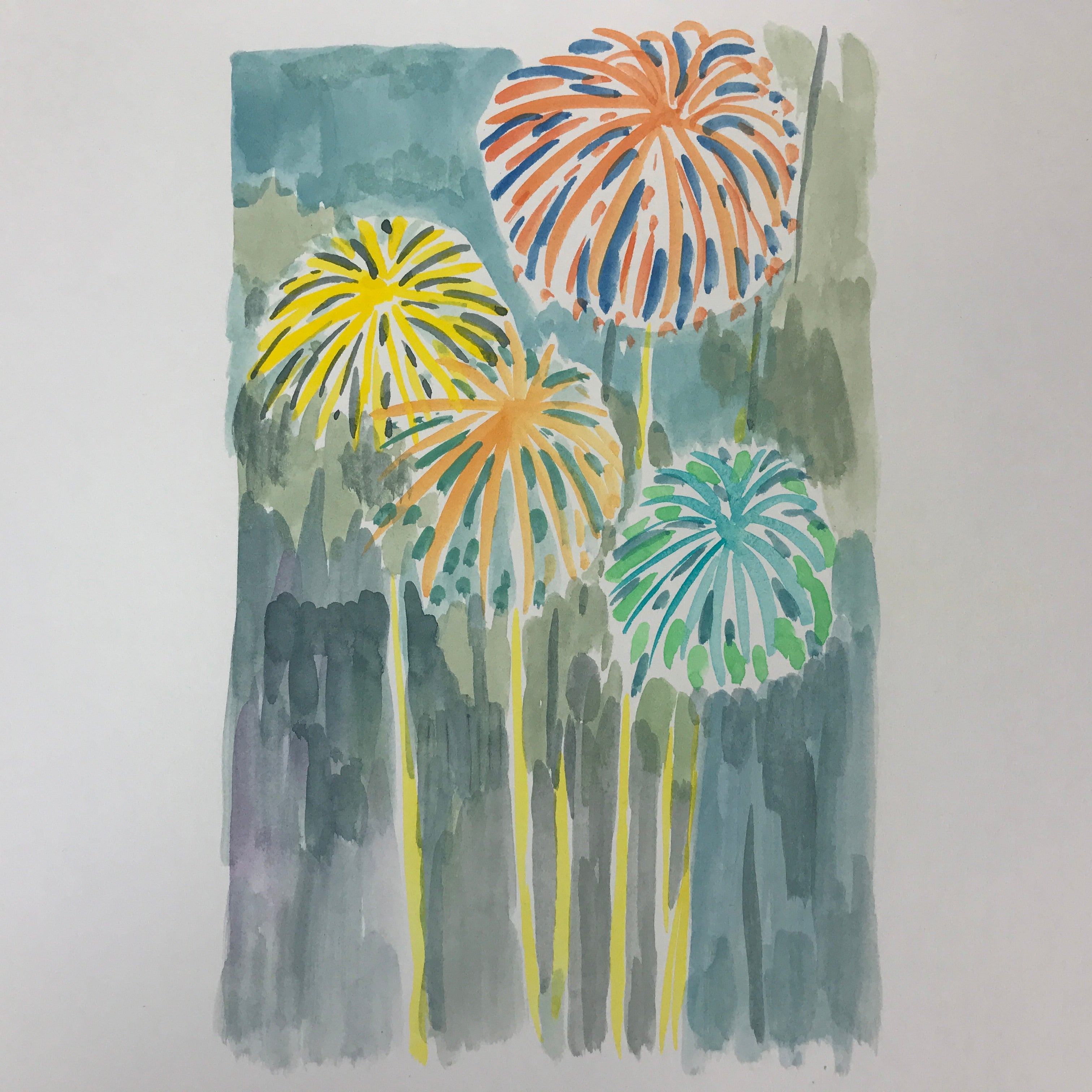 Japanese Fireworks Watercolor Painting Original Art Cardstock Unsigned FL147