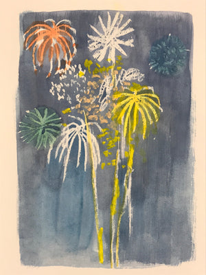 Japanese Fireworks Watercolor Painting Original Art Cardstock Unsigned FL148