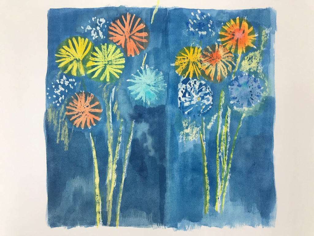 Japanese Fireworks Watercolor Painting Original Art Cardstock Unsigned FL149