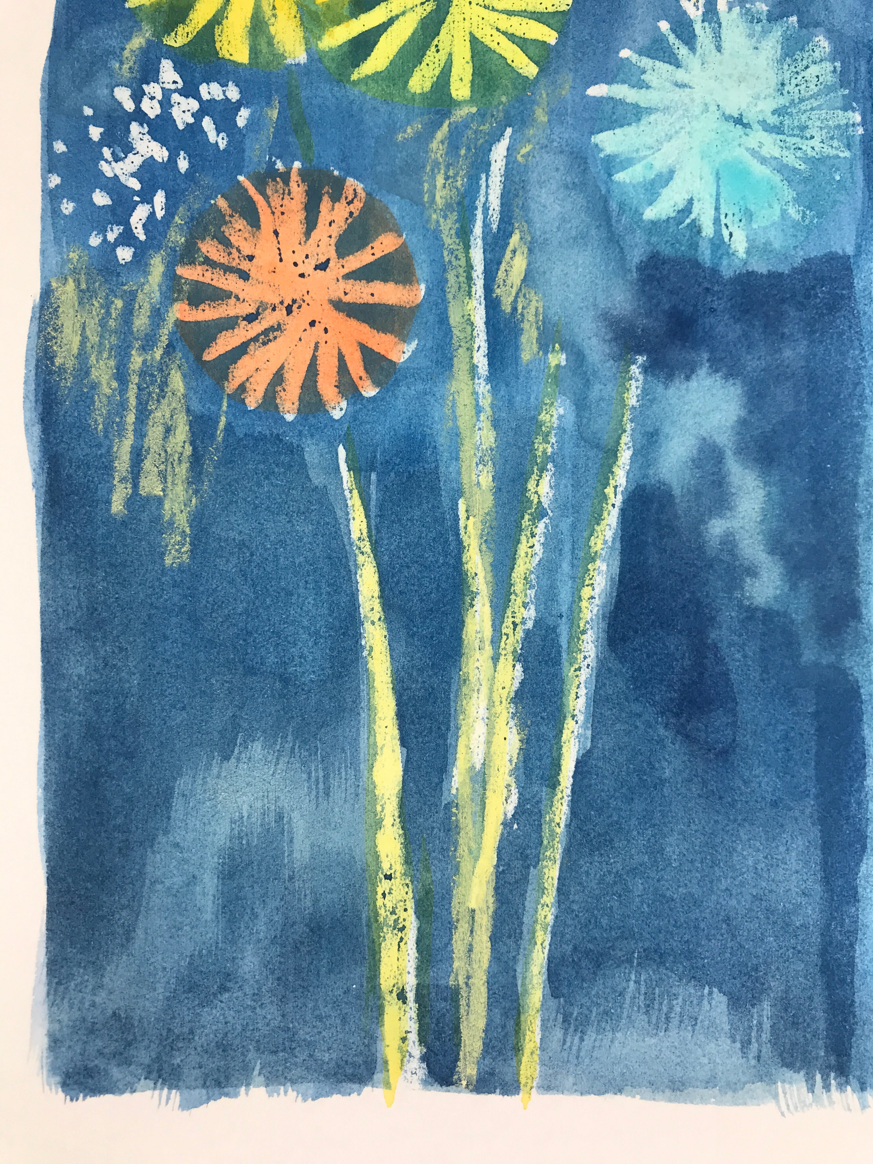 Japanese Fireworks Watercolor Painting Original Art Cardstock Unsigned FL149