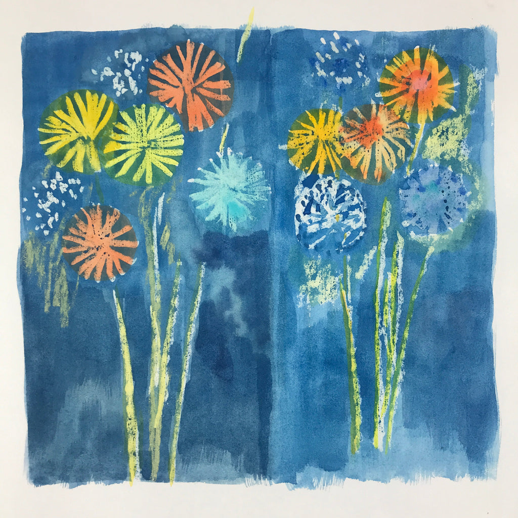 Japanese Fireworks Watercolor Painting Original Art Cardstock Unsigned FL149