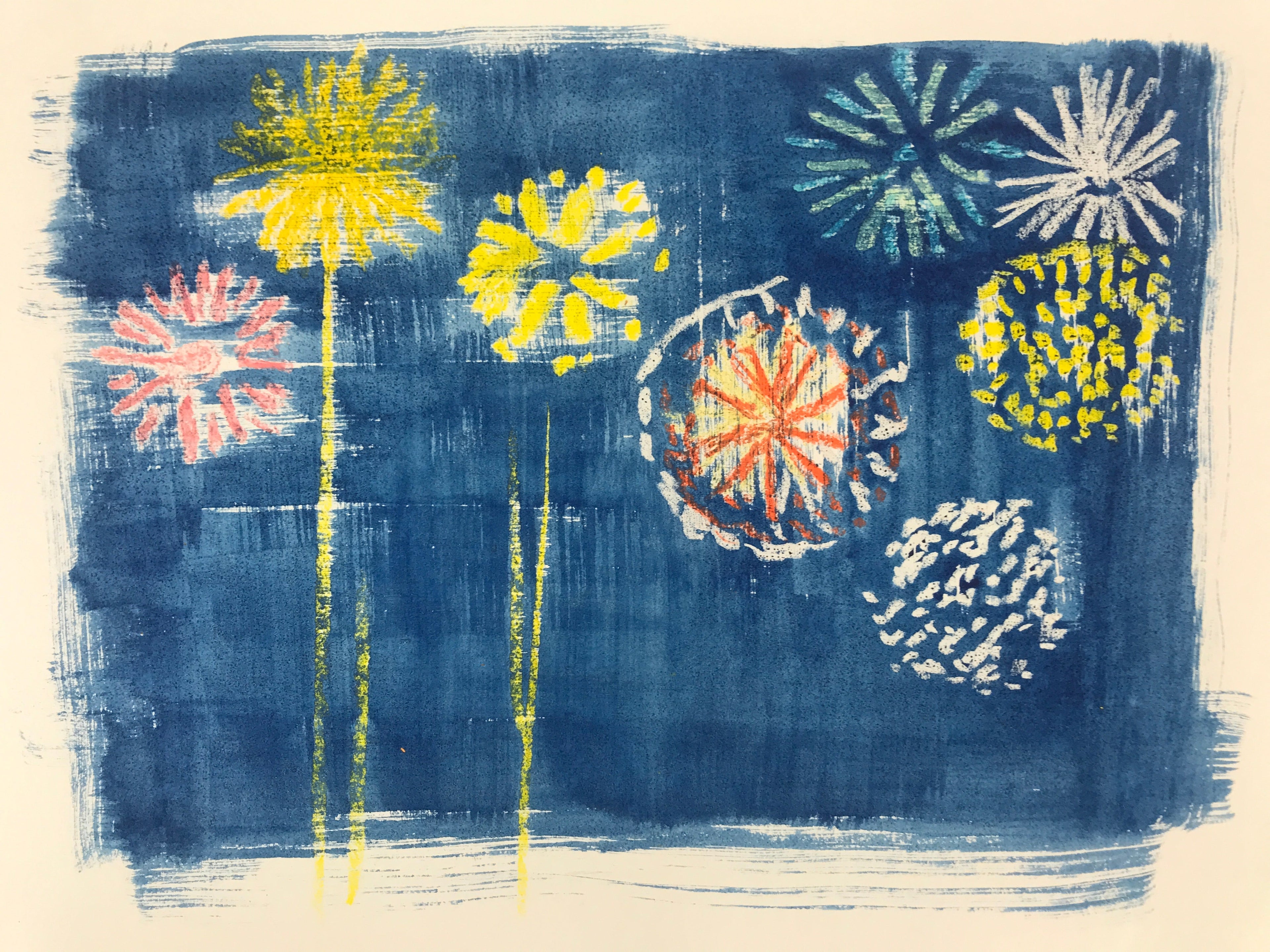 Japanese Fireworks Watercolor Painting Original Art Cardstock Unsigned FL151