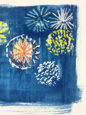 Japanese Fireworks Watercolor Painting Original Art Cardstock Unsigned FL151