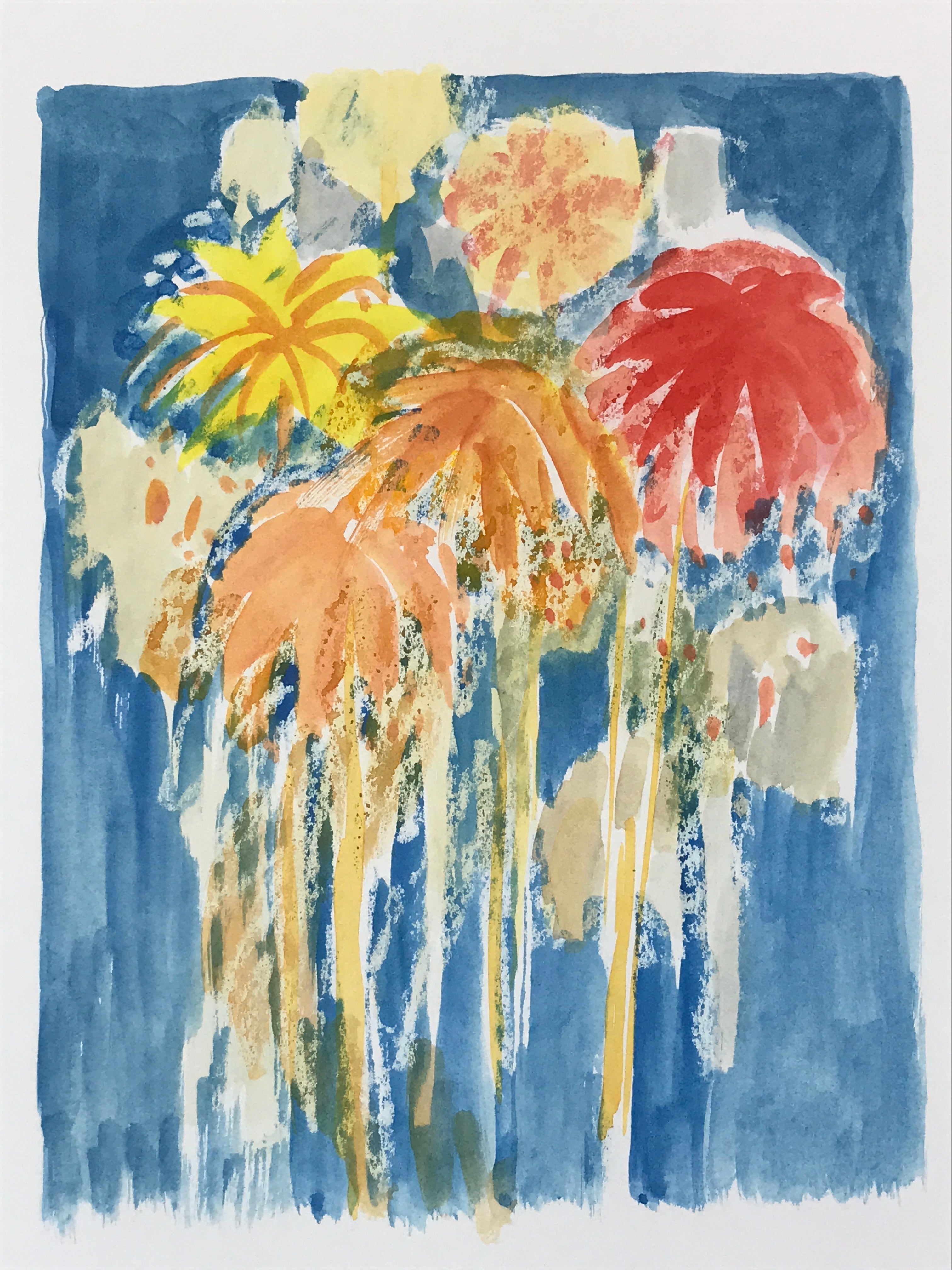 Japanese Fireworks Watercolor Painting Original Art Cardstock Unsigned FL152