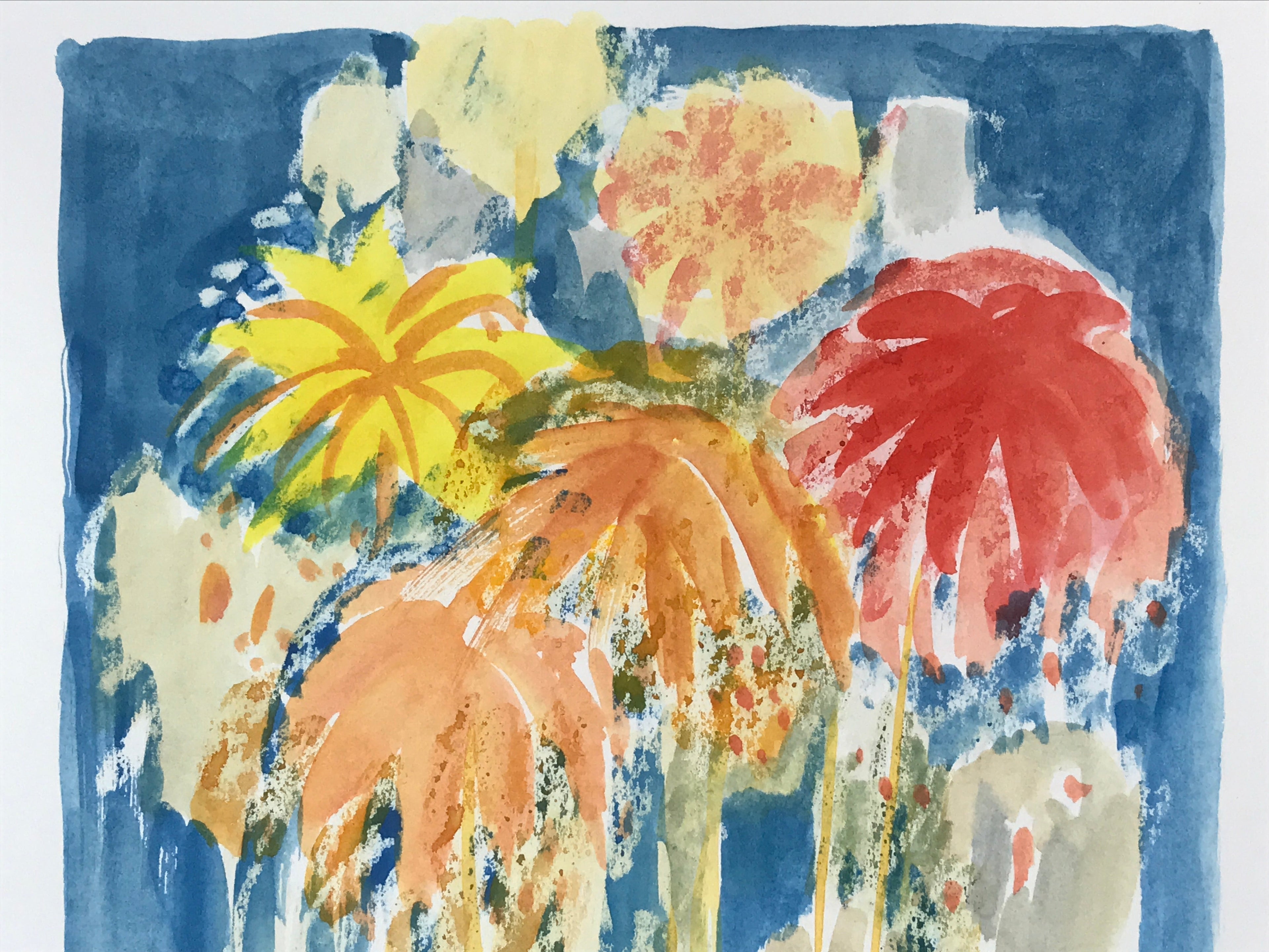 Japanese Fireworks Watercolor Painting Original Art Cardstock Unsigned FL152