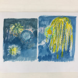 Japanese Fireworks Watercolor Painting Original Art Cardstock Unsigned FL154