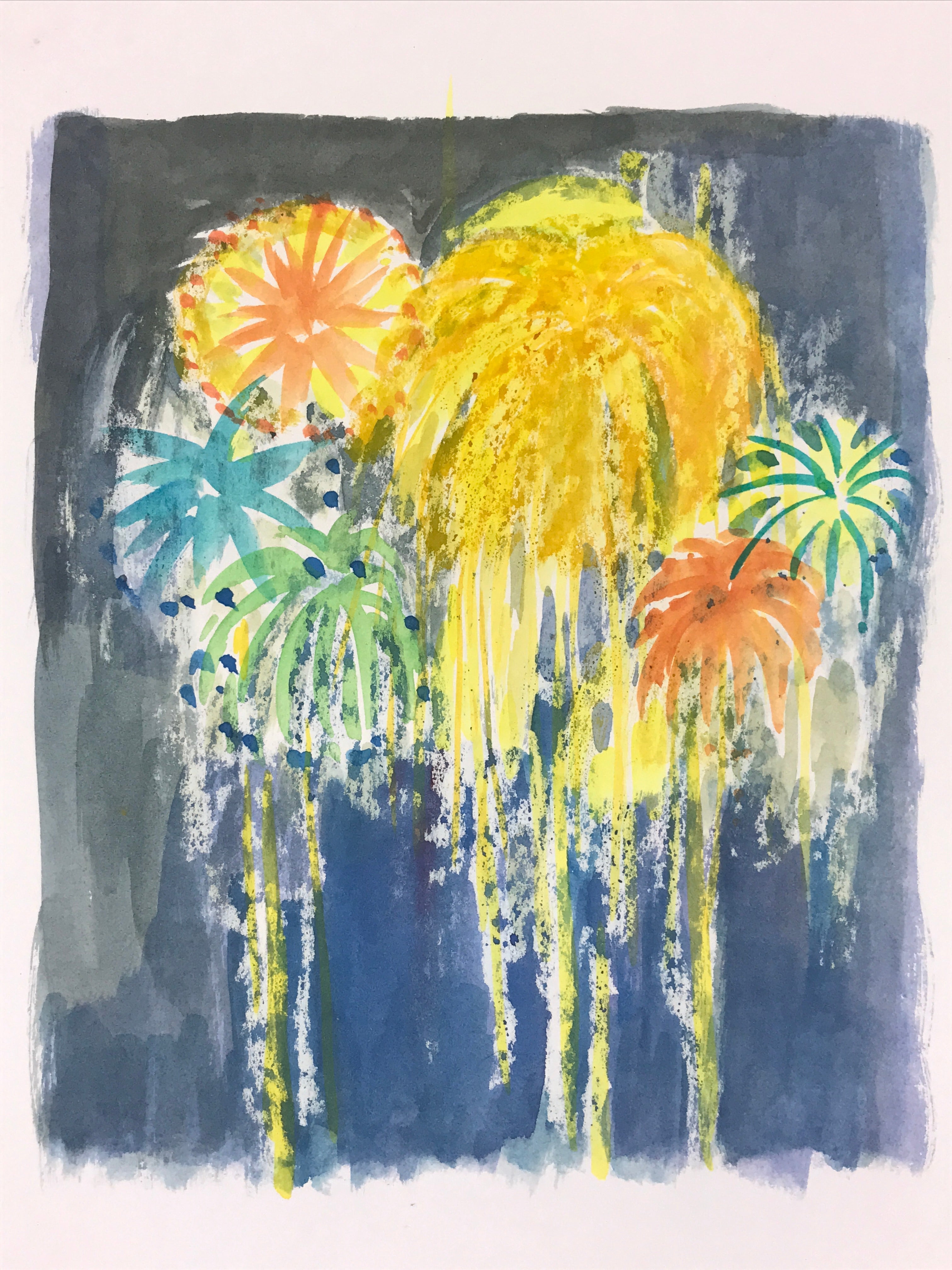 Japanese Fireworks Watercolor Painting Original Art Cardstock Unsigned FL155