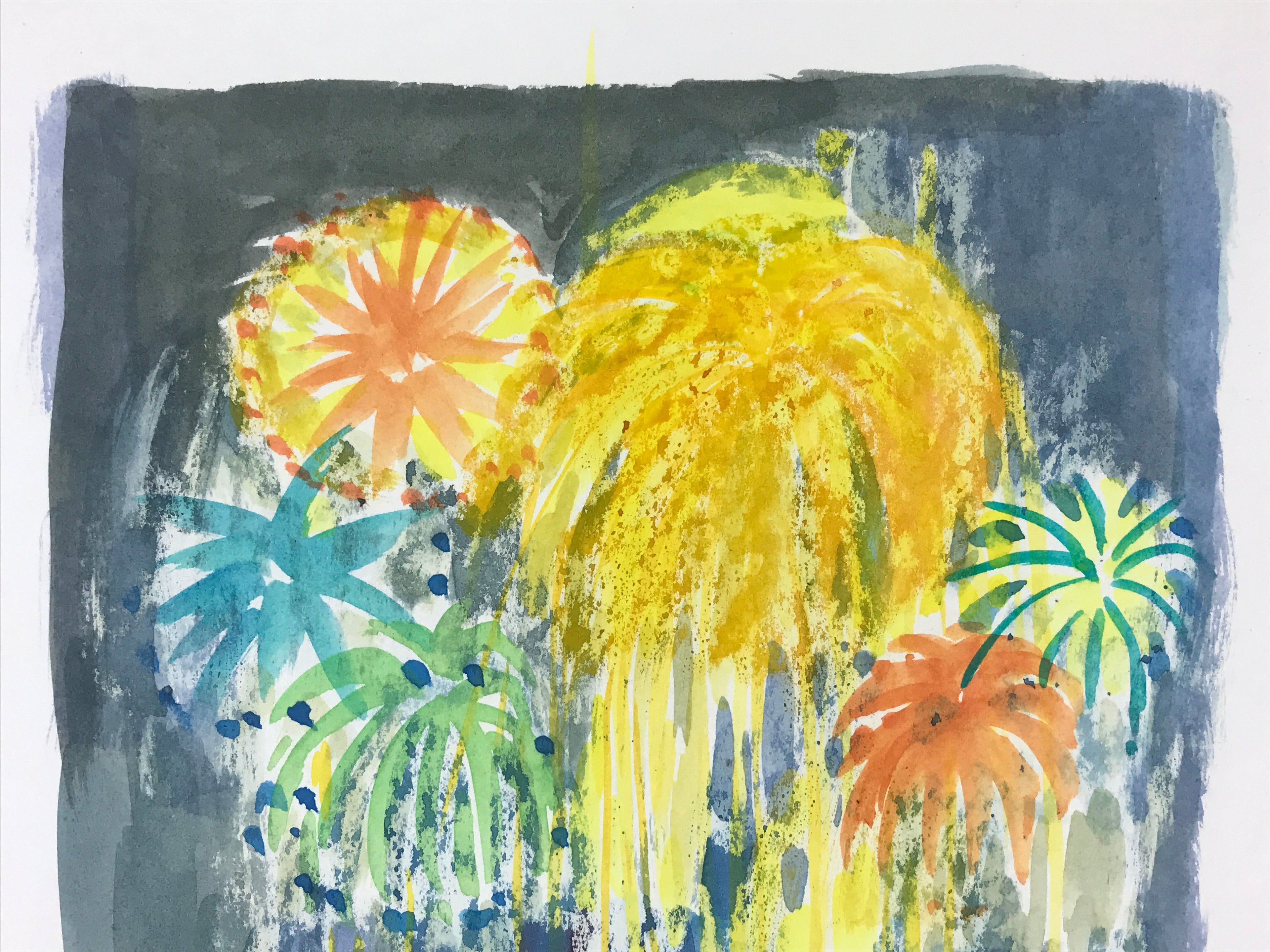Japanese Fireworks Watercolor Painting Original Art Cardstock Unsigned FL155