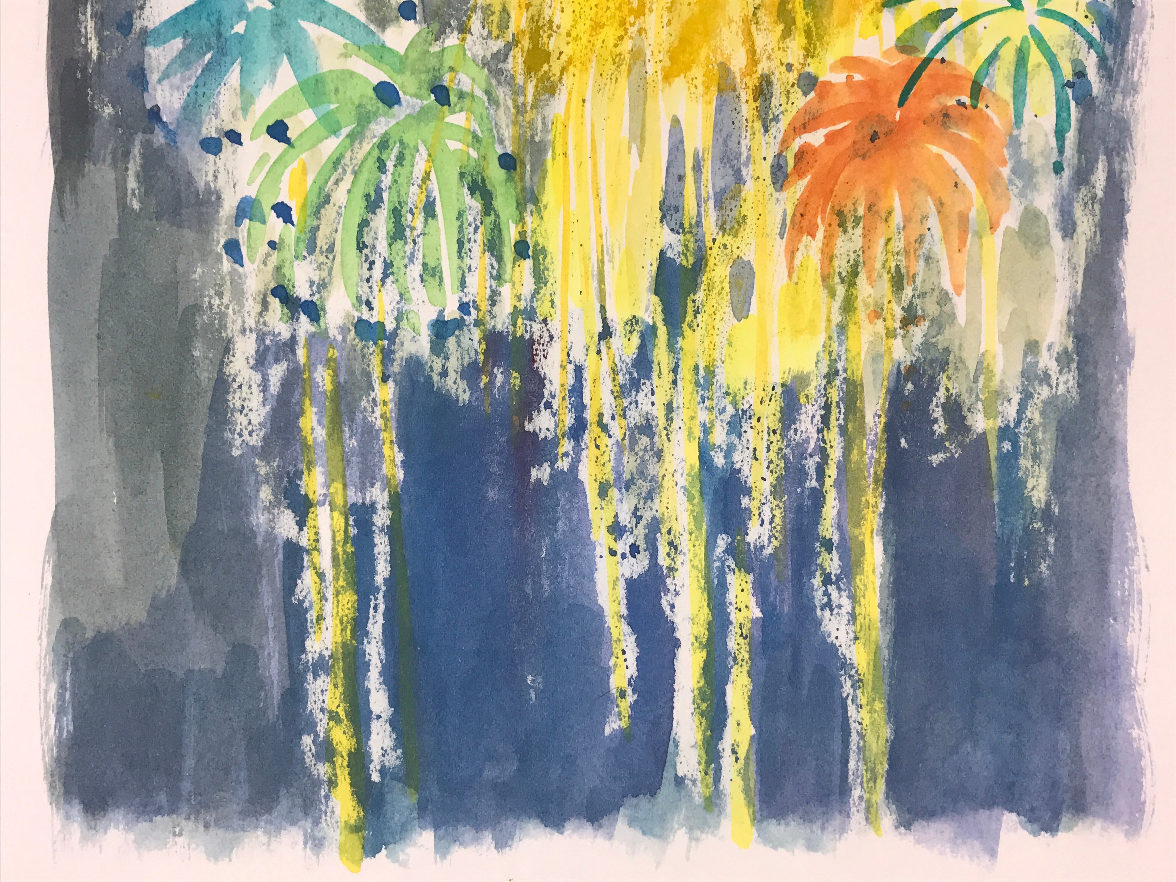 Japanese Fireworks Watercolor Painting Original Art Cardstock Unsigned FL155