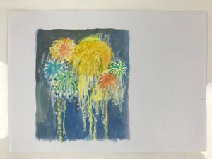 Japanese Fireworks Watercolor Painting Original Art Cardstock Unsigned FL155