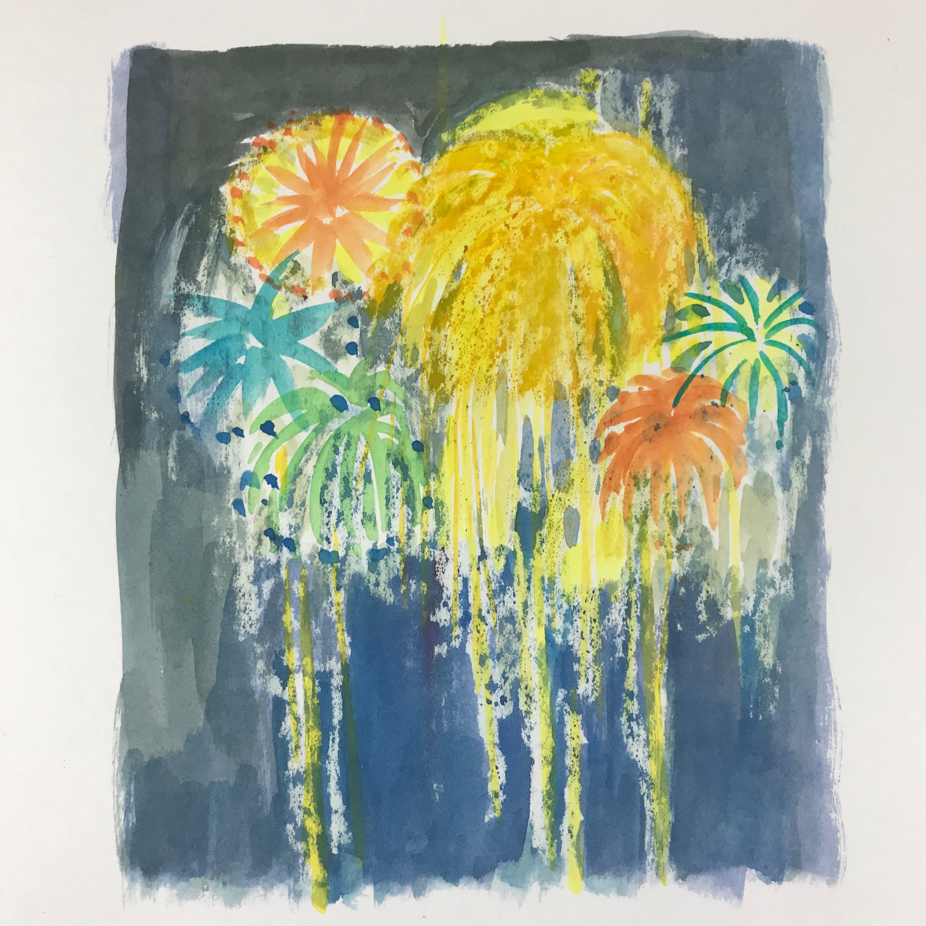 Japanese Fireworks Watercolor Painting Original Art Cardstock Unsigned FL155