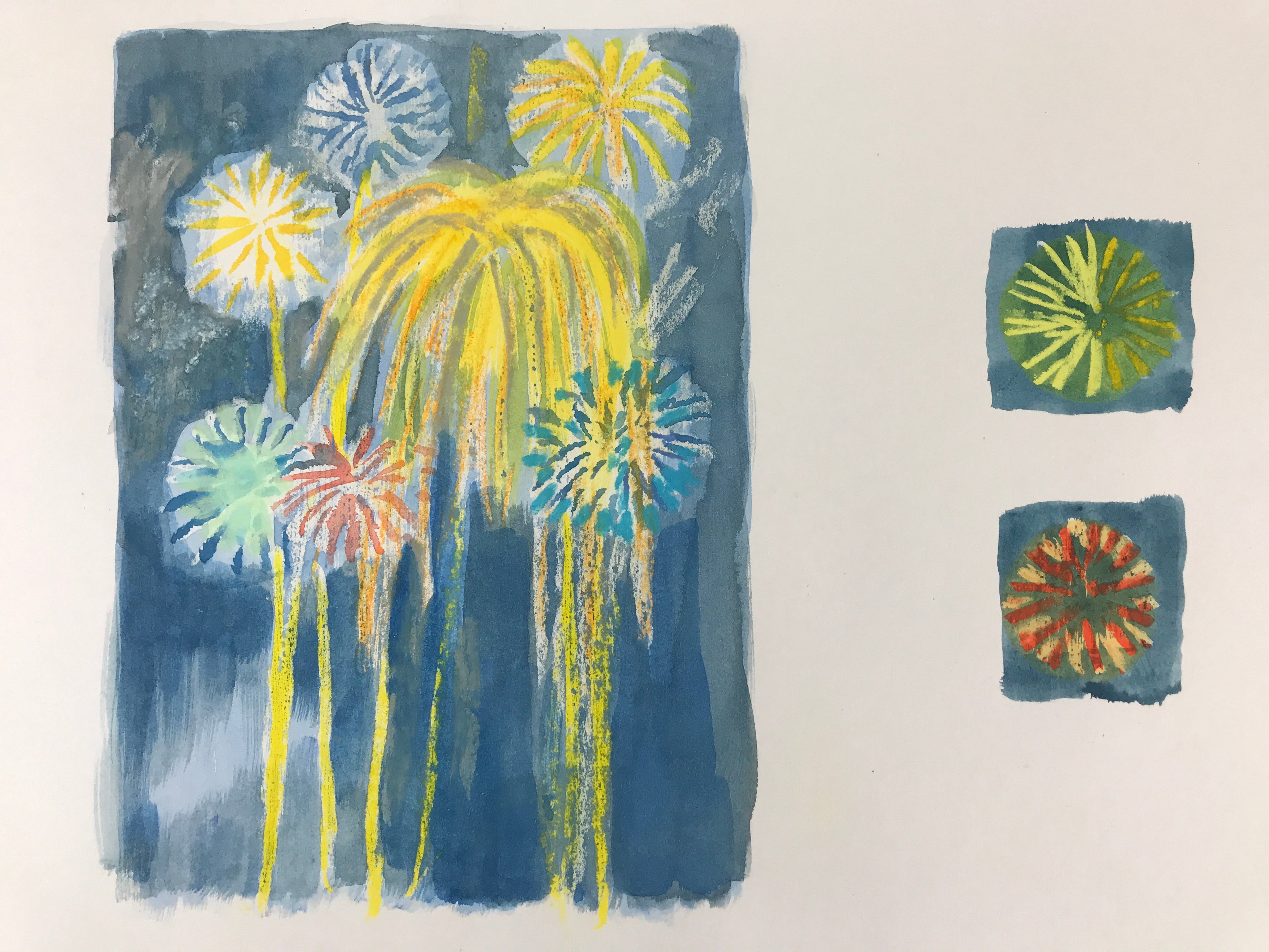 Japanese Fireworks Watercolor Painting Original Art Cardstock Unsigned FL156