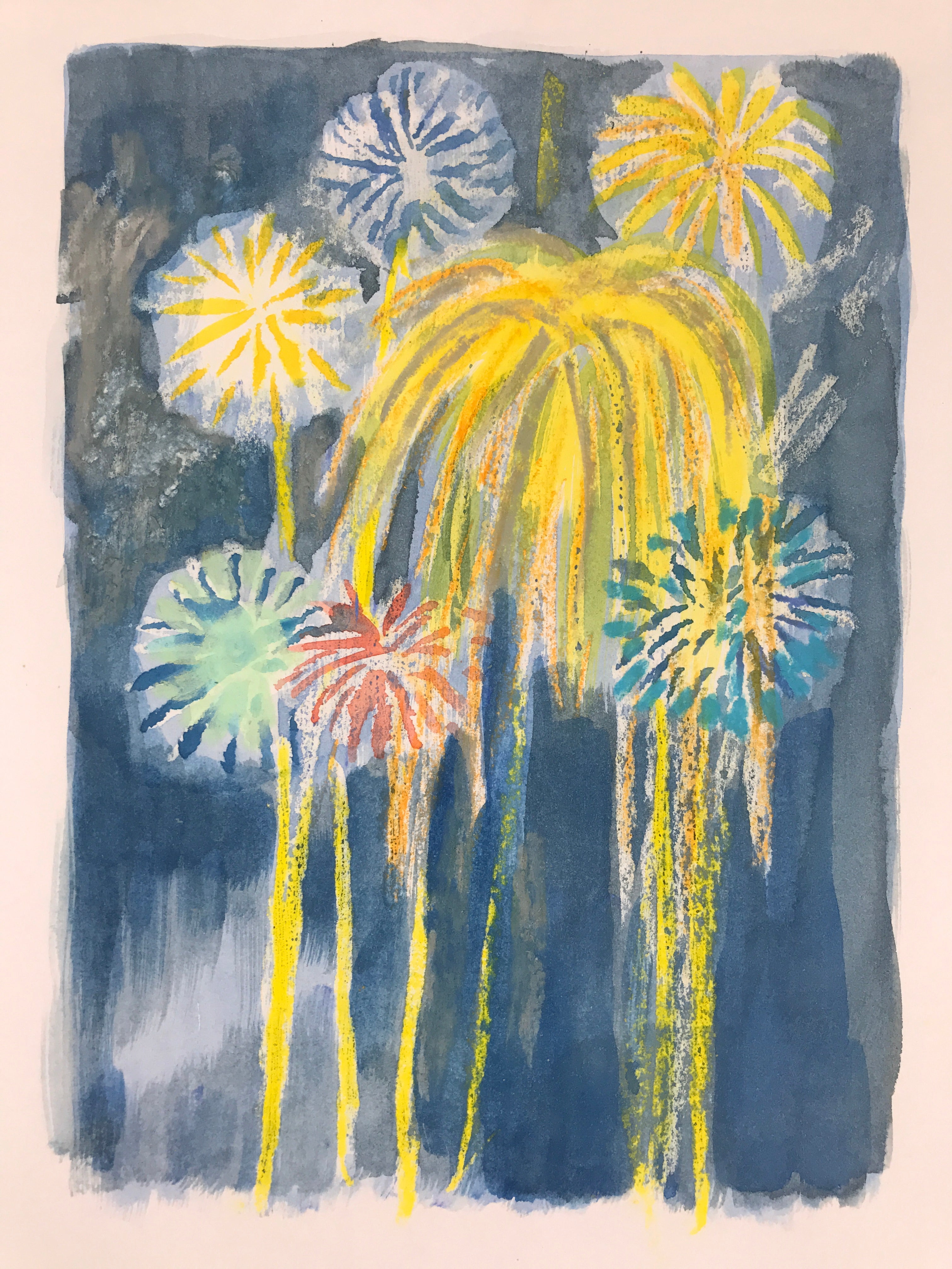 Japanese Fireworks Watercolor Painting Original Art Cardstock Unsigned FL156