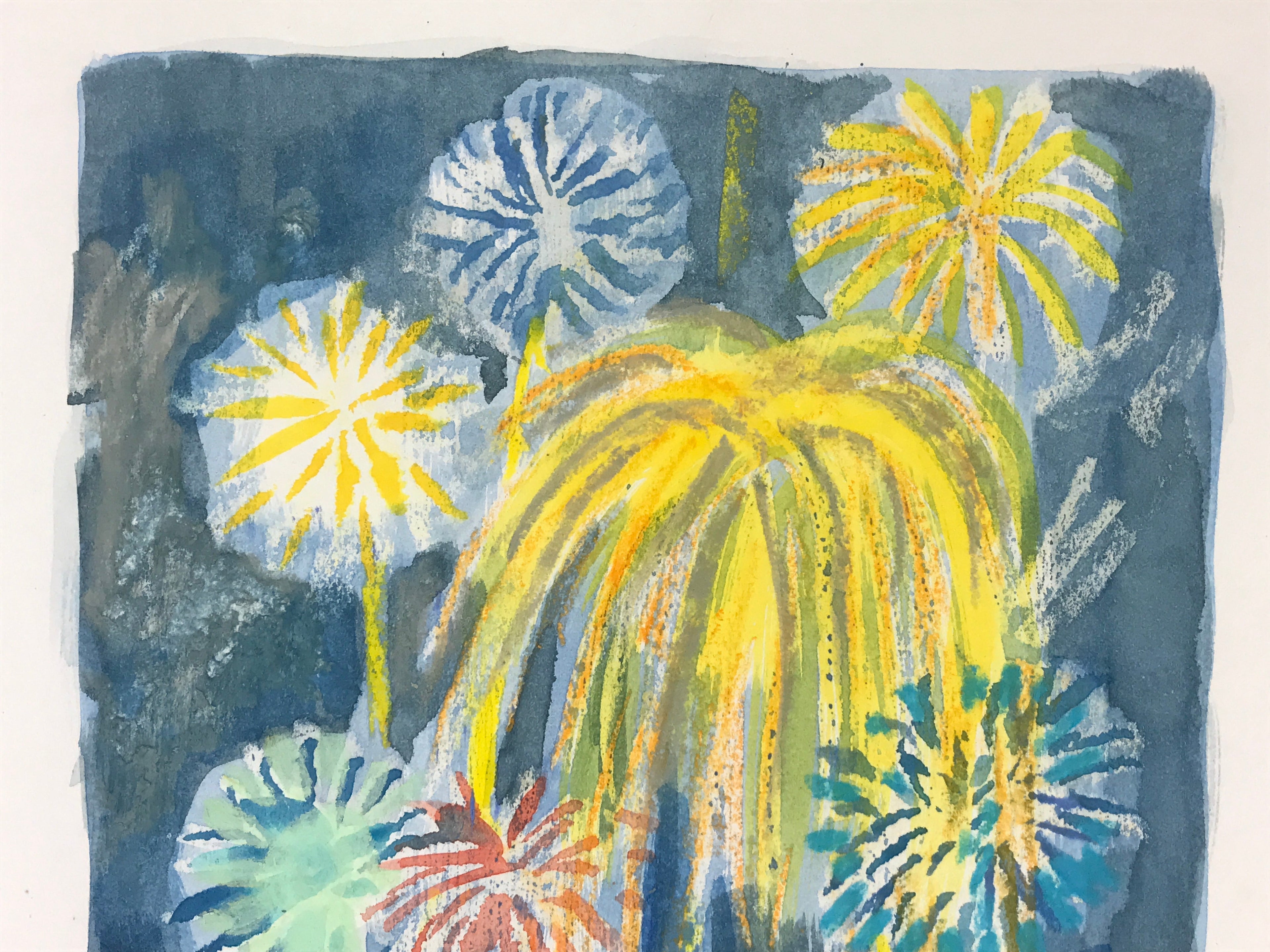 Japanese Fireworks Watercolor Painting Original Art Cardstock Unsigned FL156