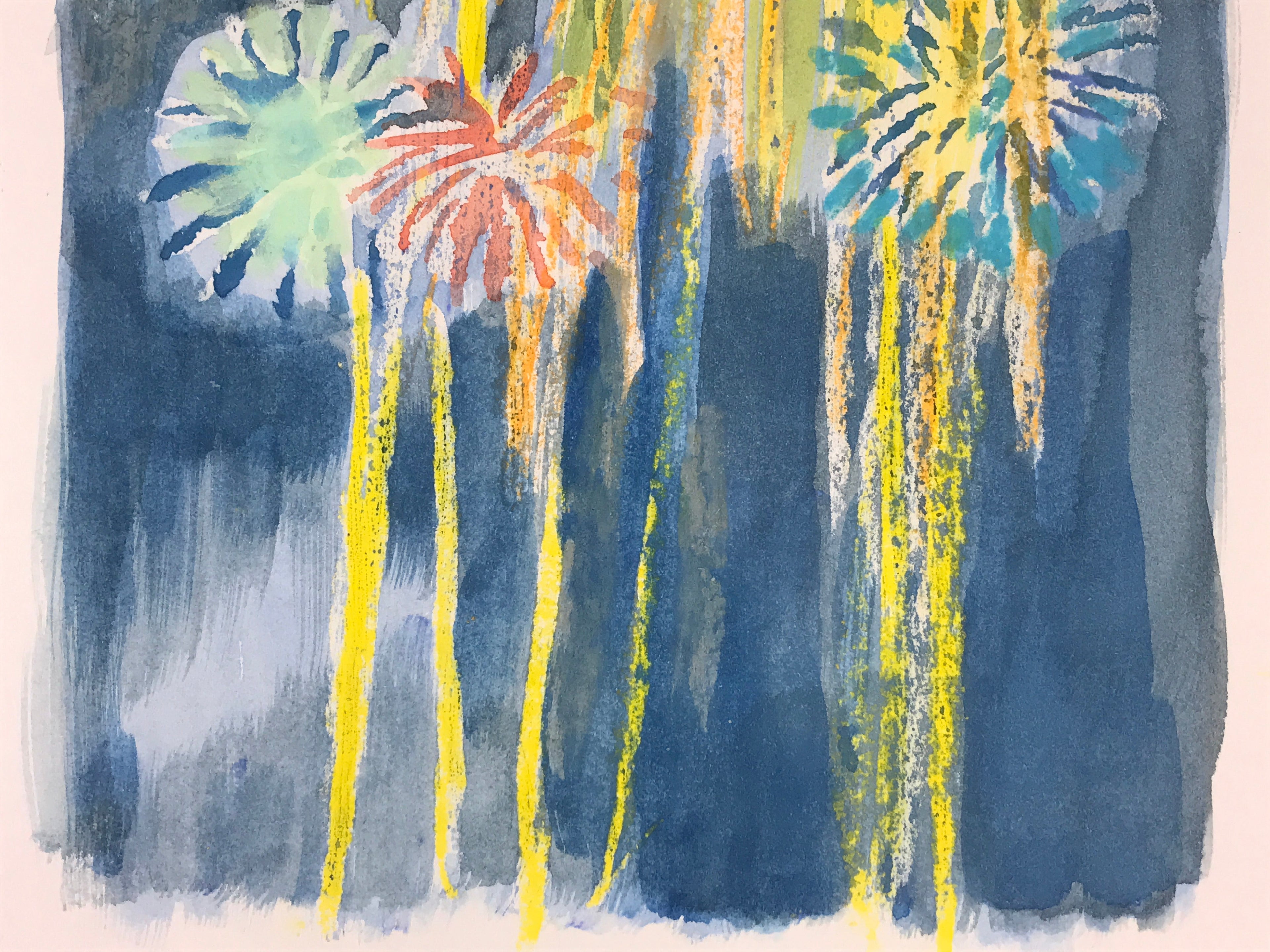 Japanese Fireworks Watercolor Painting Original Art Cardstock Unsigned FL156