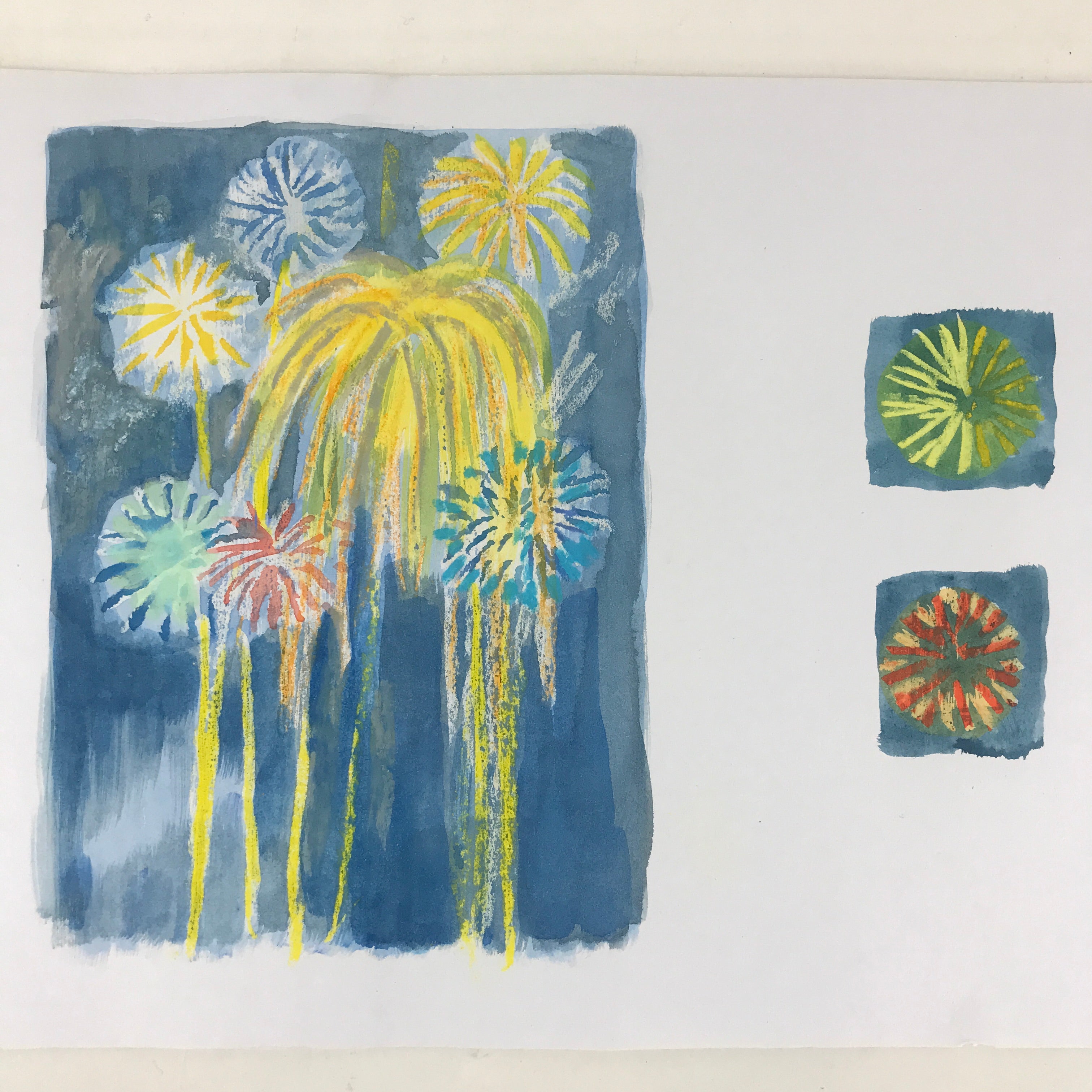 Japanese Fireworks Watercolor Painting Original Art Cardstock Unsigned FL156