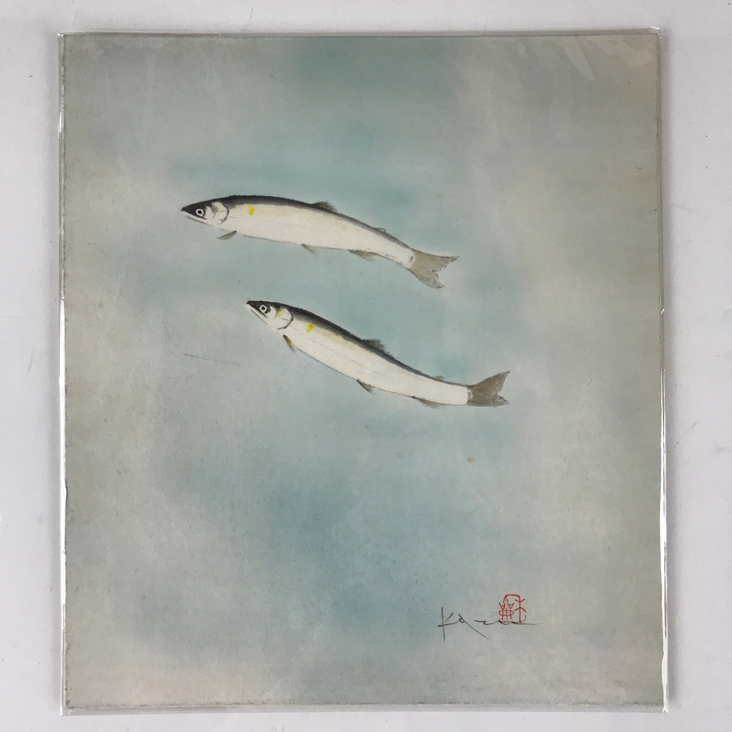 Japanese Fish Art painting Board Vtg Thick Paper Freshwater Trout A497