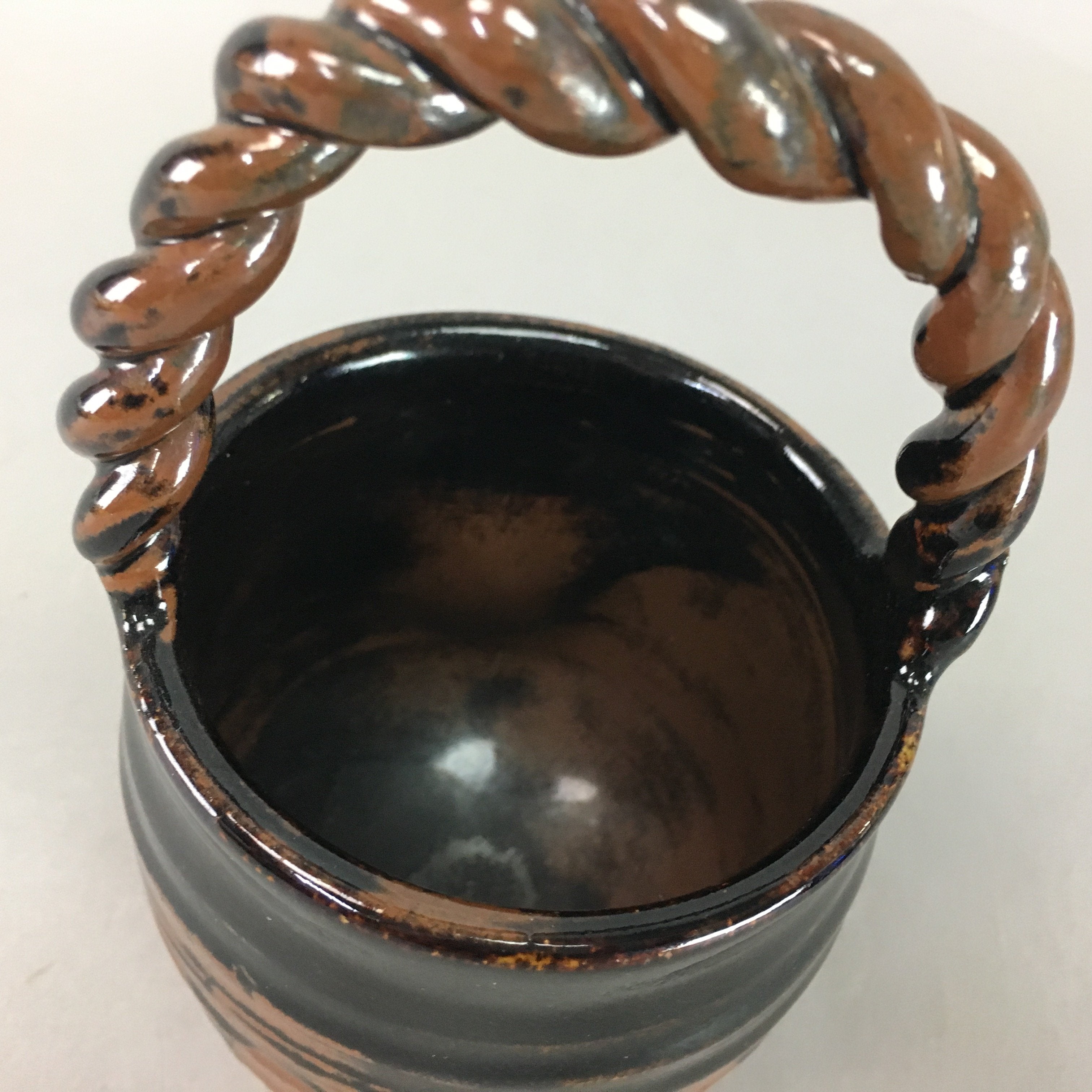 Japanese Flower Vase Ikebana Kabin Small Brown Handle Vtg Pottery MFV59