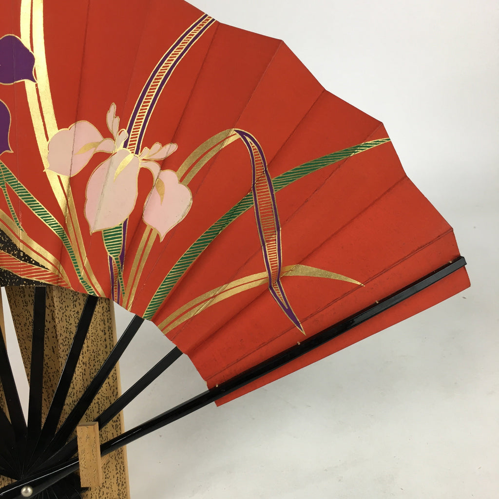 Japanese Folding Fan Stand Set Vtg Sensu Bamboo Frame Paper Iris 4D636
