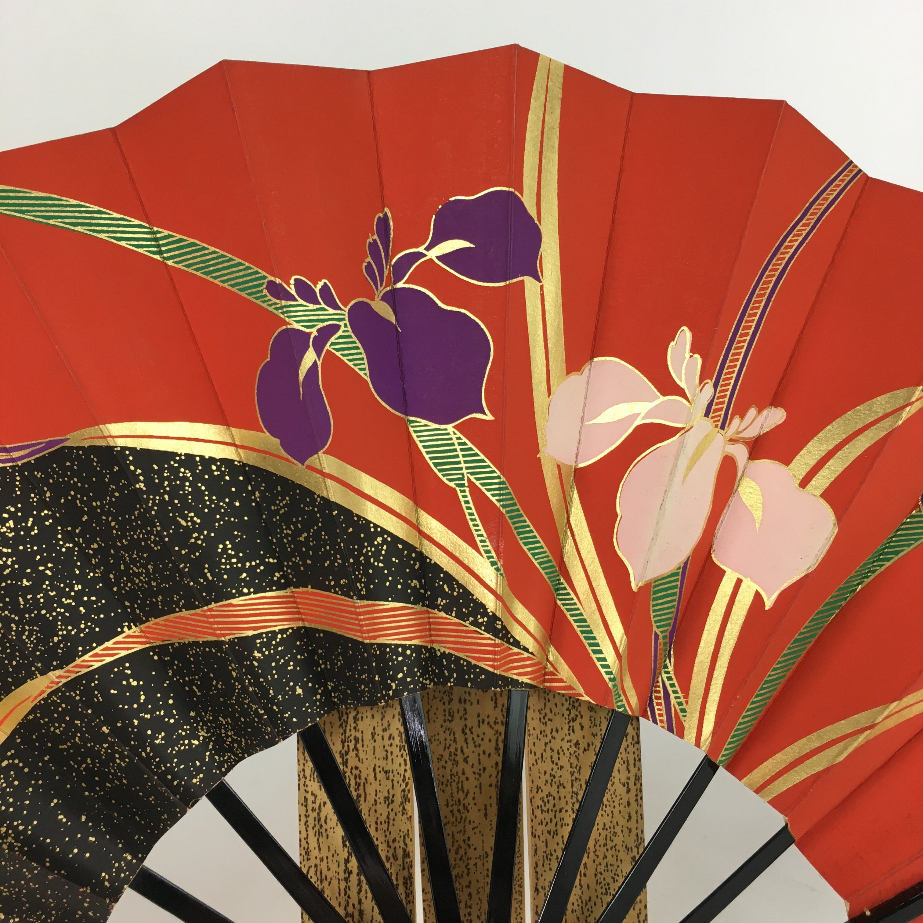 Japanese Folding Fan Stand Set Vtg Sensu Bamboo Frame Paper Iris 4D636