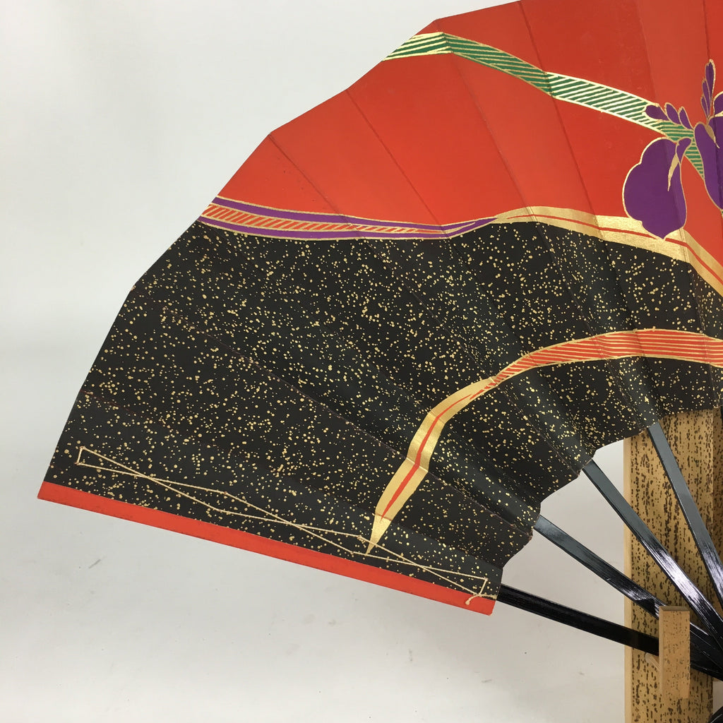 Japanese Folding Fan Stand Set Vtg Sensu Bamboo Frame Paper Iris 4D636