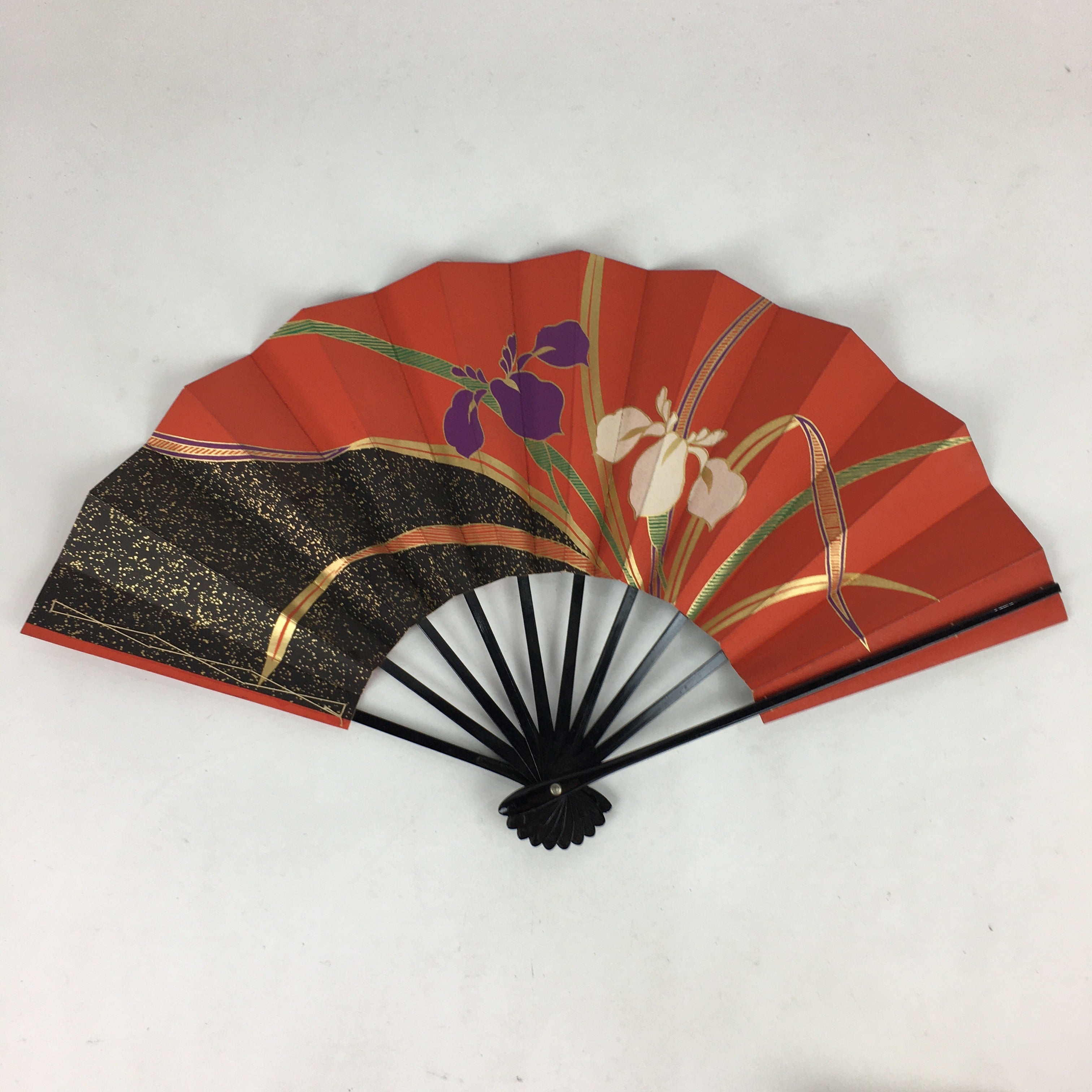 Japanese Folding Fan Stand Set Vtg Sensu Bamboo Frame Paper Iris 4D636