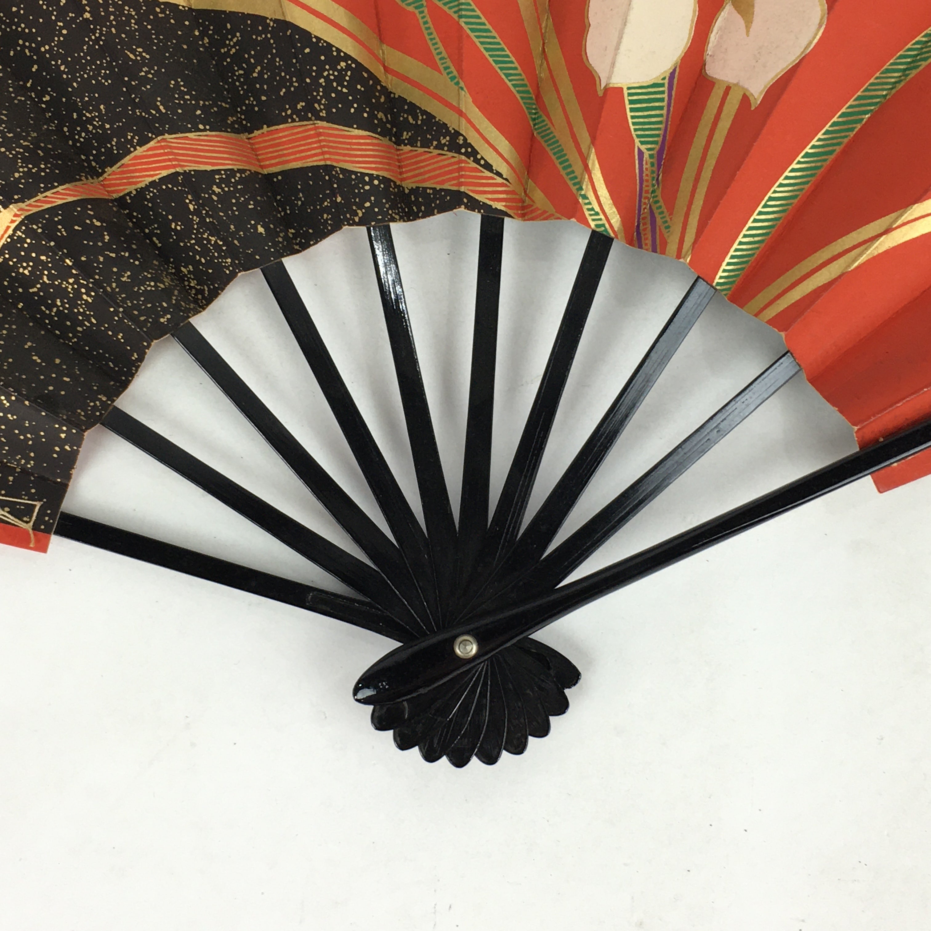 Japanese Folding Fan Stand Set Vtg Sensu Bamboo Frame Paper Iris 4D636