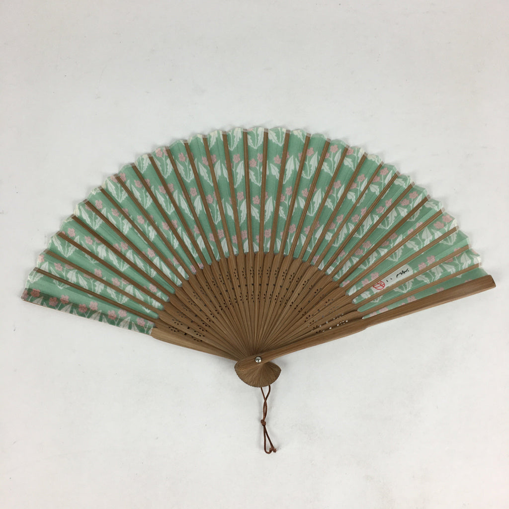 Japanese Folding Fan Vtg Sensu Bamboo Frame Fabric Green Pink Flower 4D563