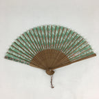 Japanese Folding Fan Vtg Sensu Bamboo Frame Fabric Green Pink Flower 4D563