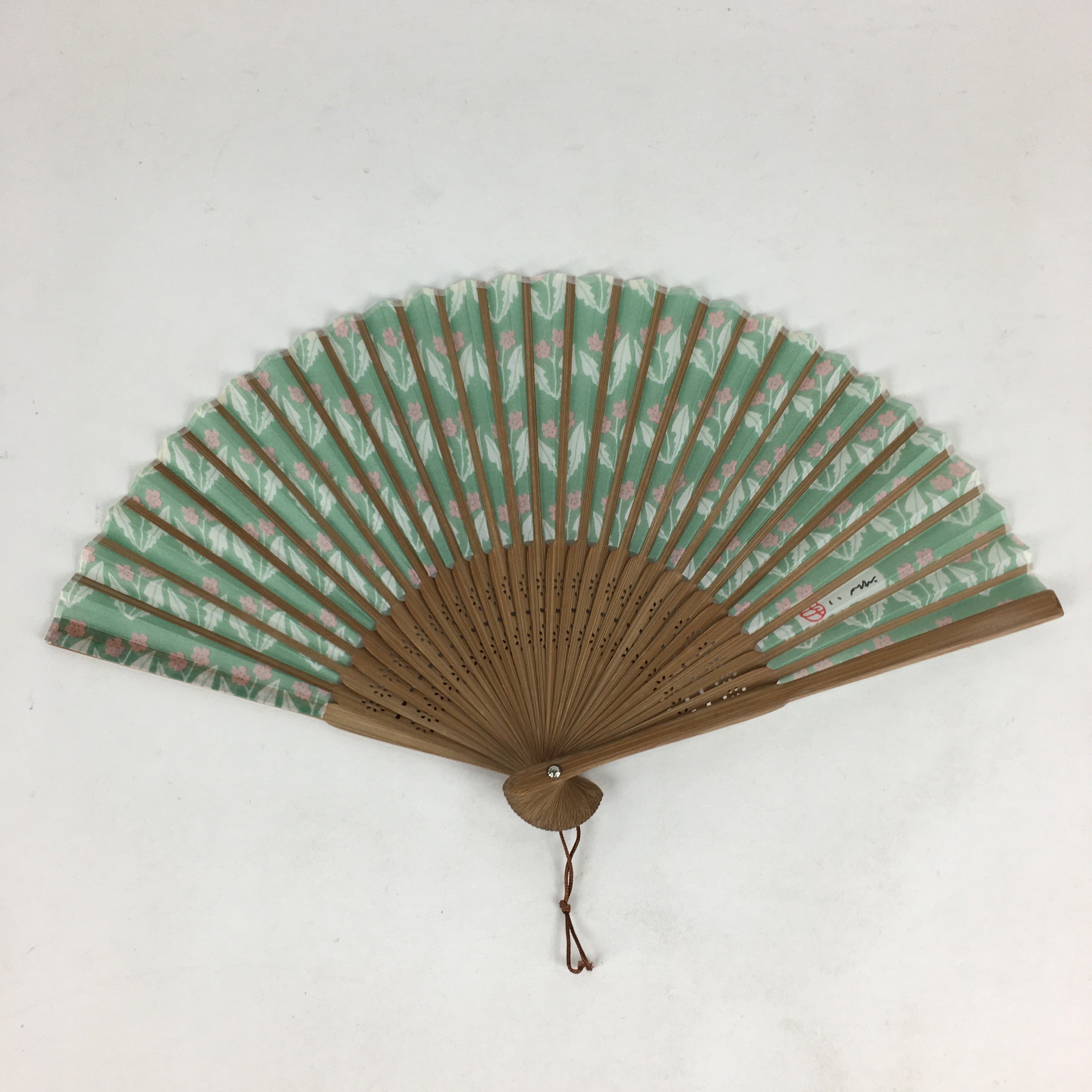 Japanese Folding Fan Vtg Sensu Bamboo Frame Fabric Green Pink Flower 4D563