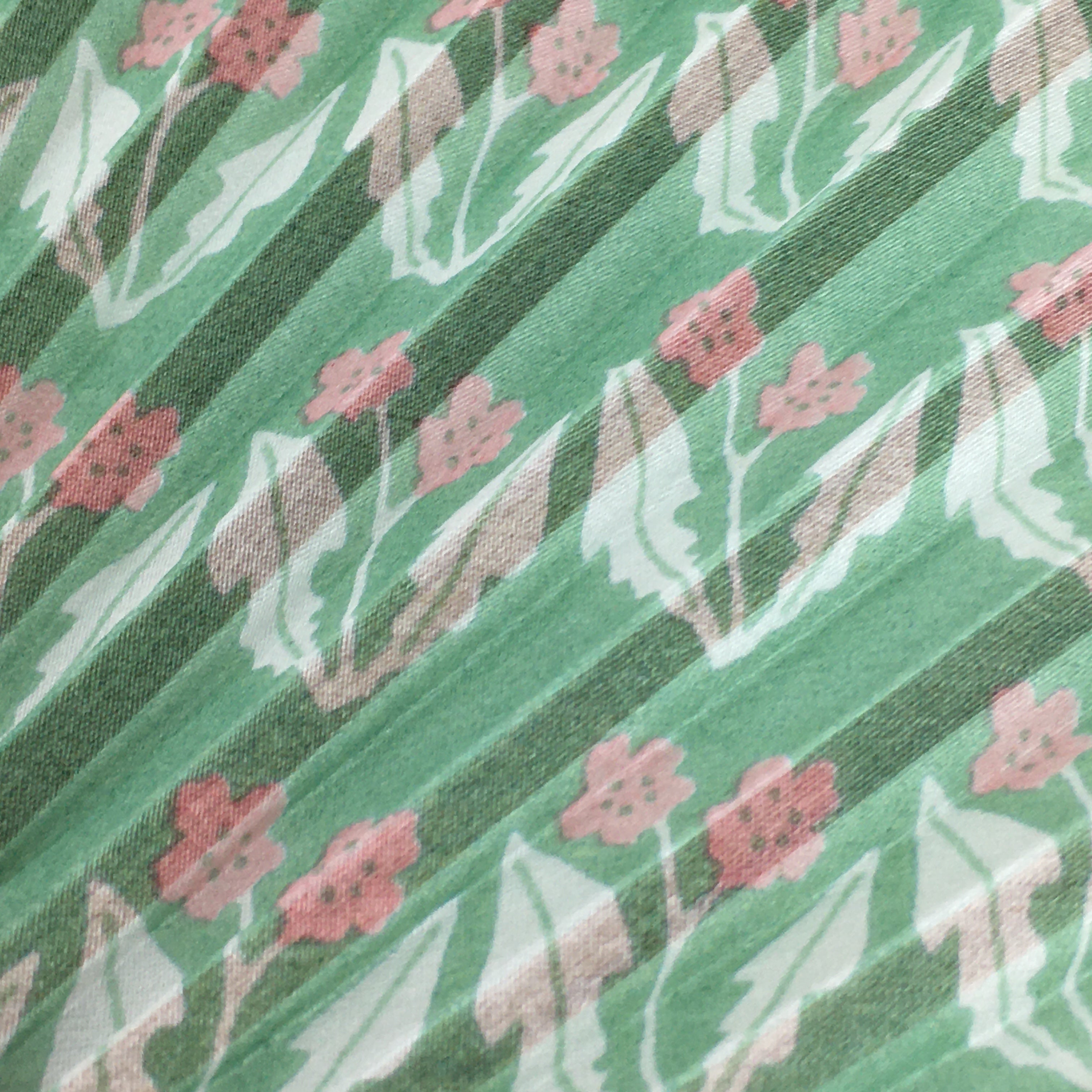Japanese Folding Fan Vtg Sensu Bamboo Frame Fabric Green Pink Flower 4D563