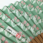 Japanese Folding Fan Vtg Sensu Bamboo Frame Fabric Green Pink Flower 4D563
