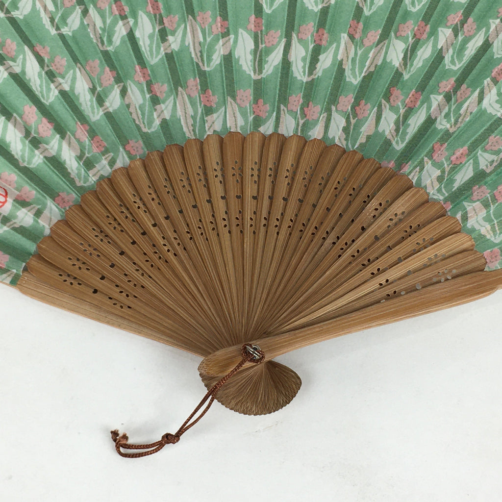 Japanese Folding Fan Vtg Sensu Bamboo Frame Fabric Green Pink Flower 4D563