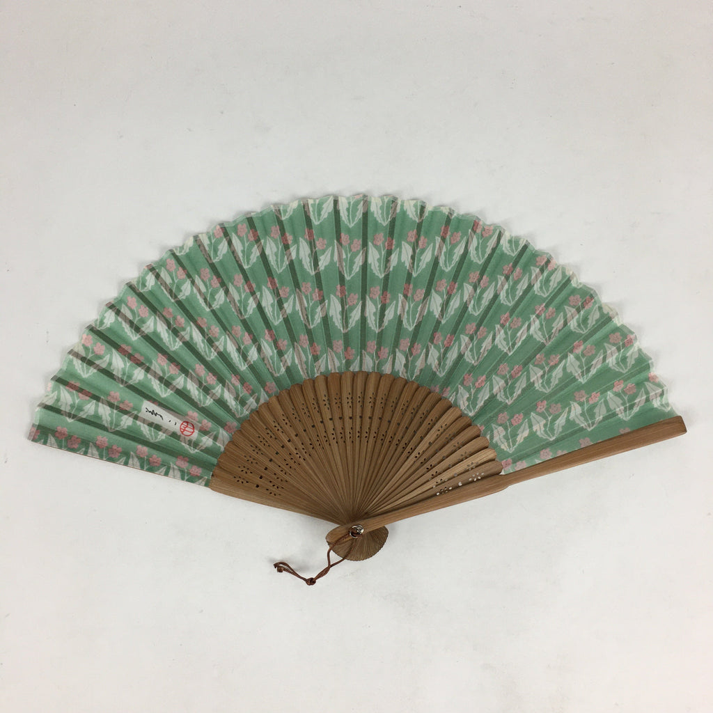 Japanese Folding Fan Vtg Sensu Bamboo Frame Fabric Green Pink Flower 4D563