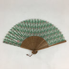 Japanese Folding Fan Vtg Sensu Bamboo Frame Fabric Green Pink Flower 4D563