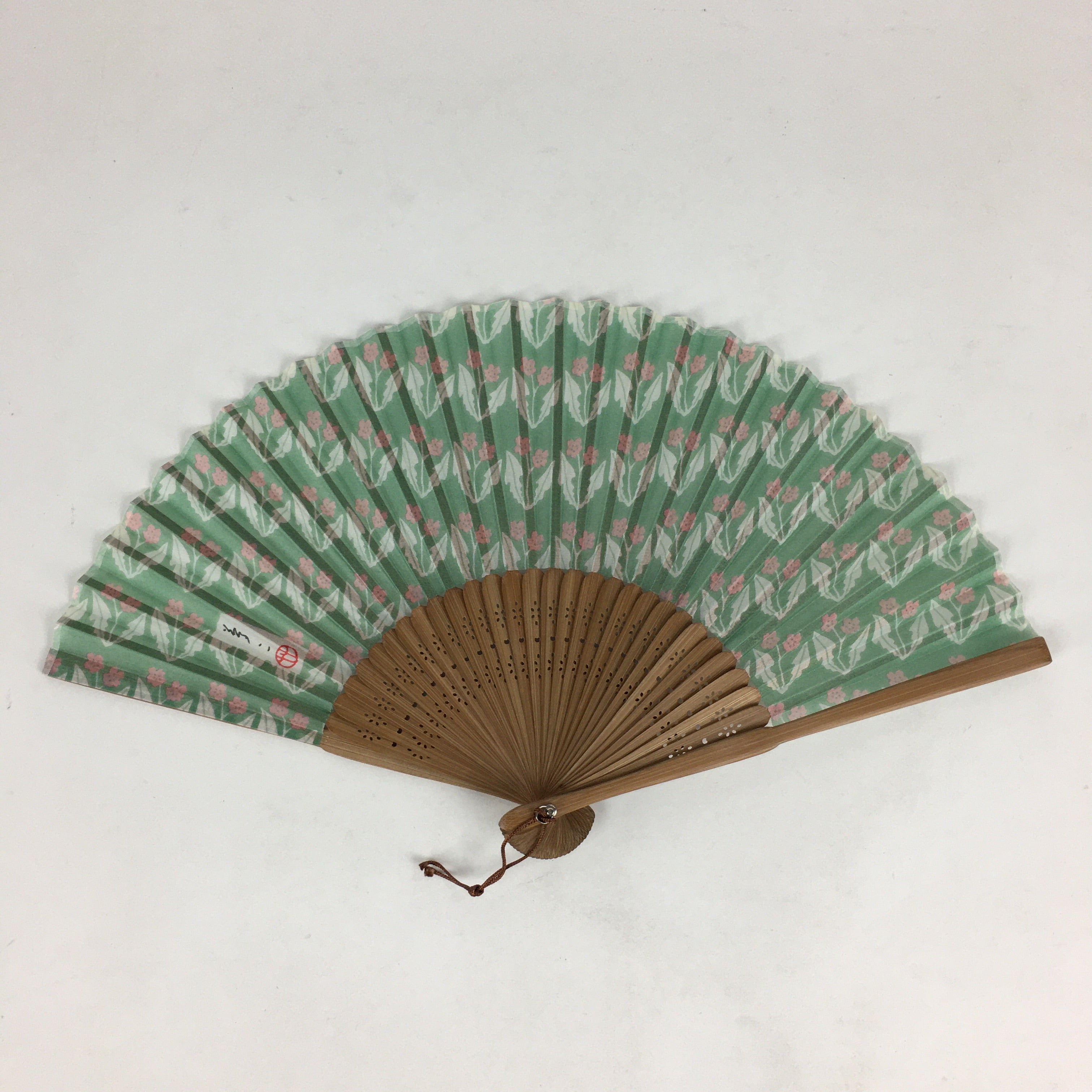 Japanese Folding Fan Vtg Sensu Bamboo Frame Fabric Green Pink Flower 4D563