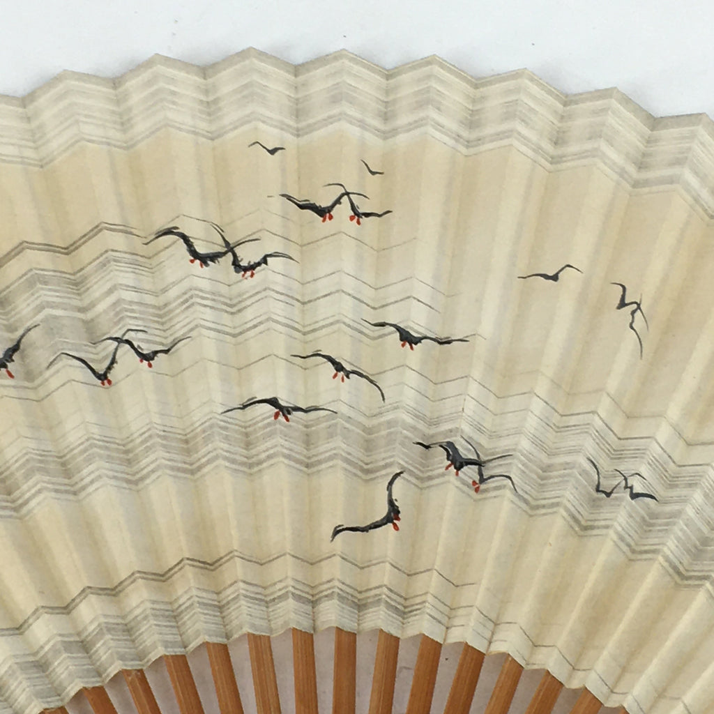 Japanese Folding Fan Vtg Sensu Bamboo Frame Paper Black Birds 4D587