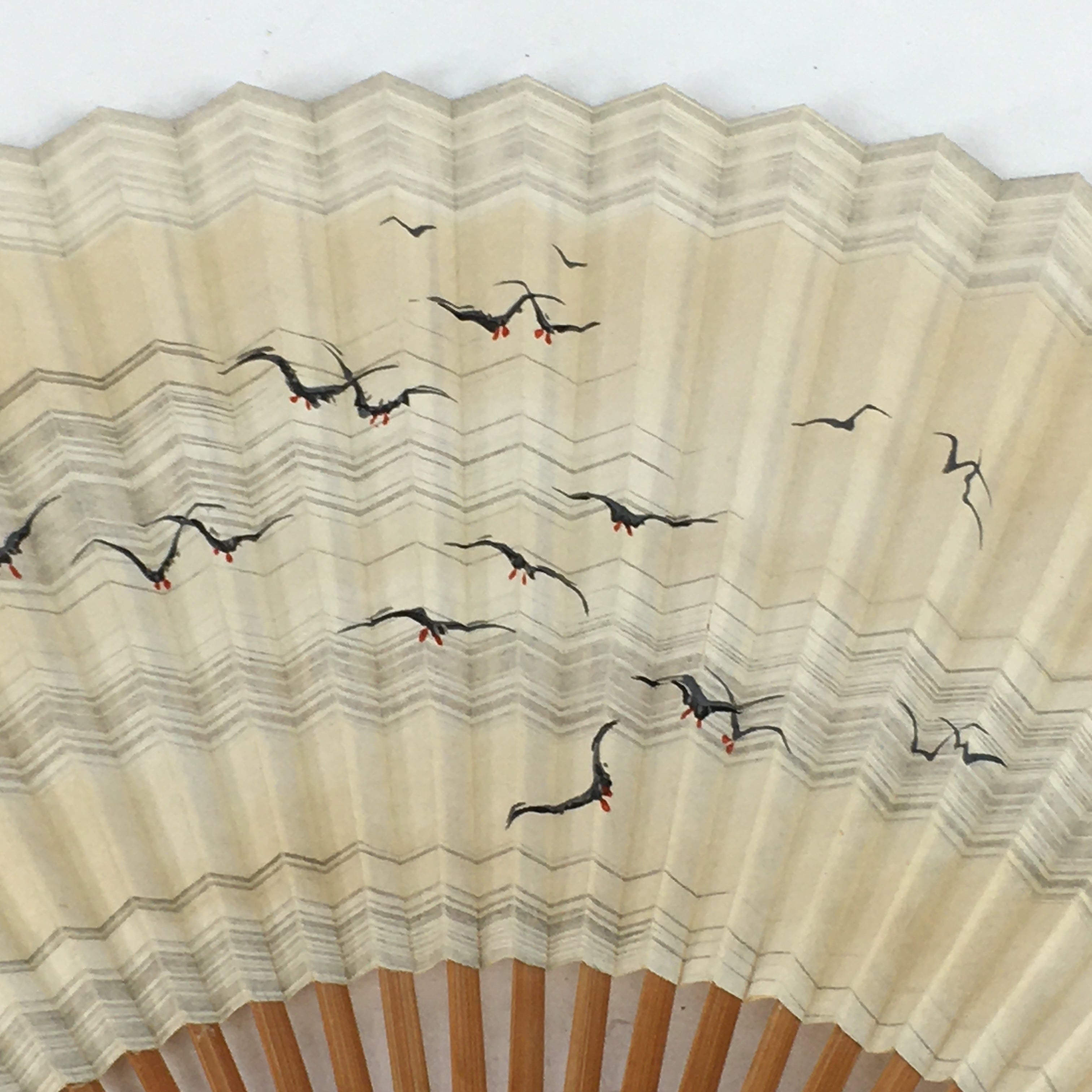 Japanese Folding Fan Vtg Sensu Bamboo Frame Paper Black Birds 4D587