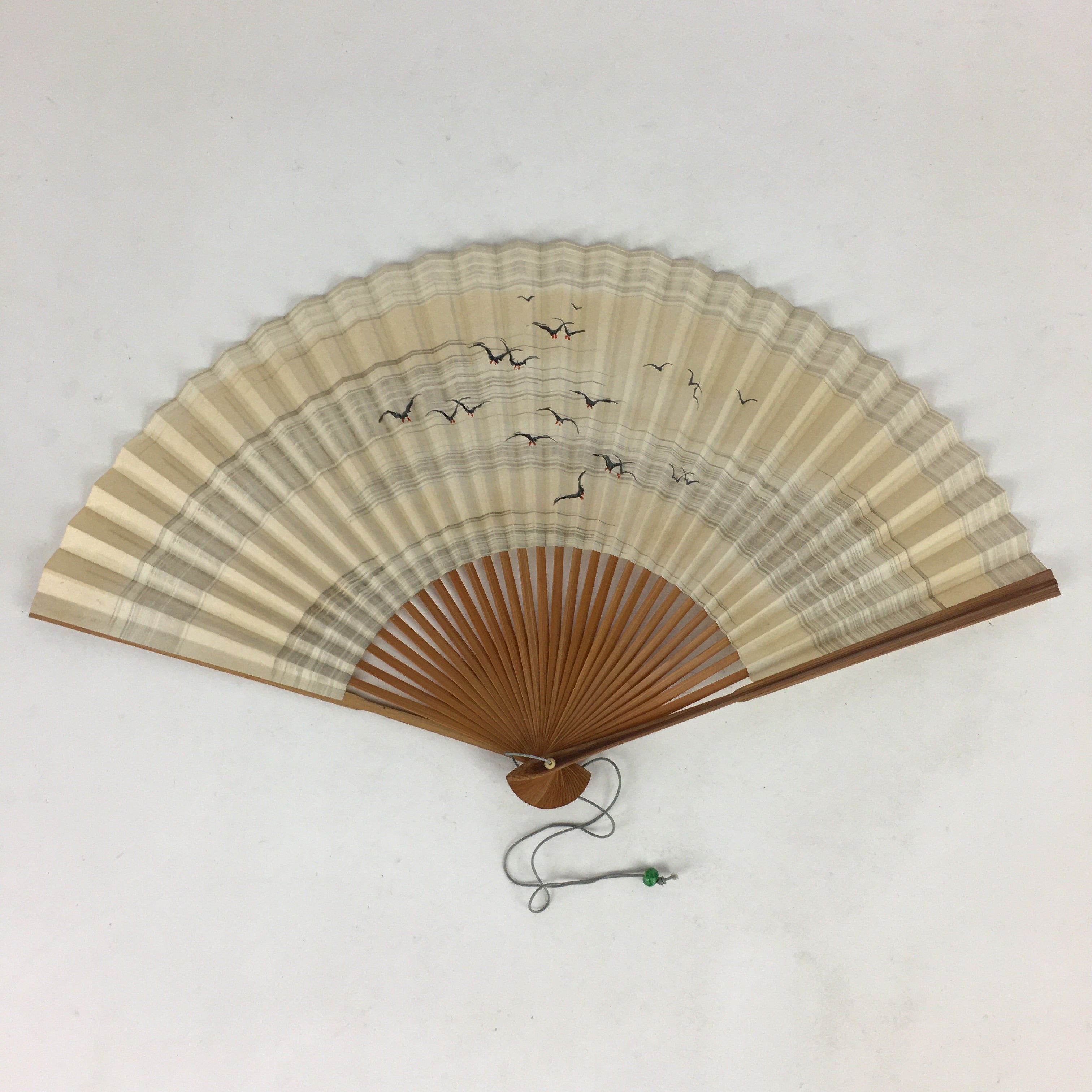 Japanese Folding Fan Vtg Sensu Bamboo Frame Paper Black Birds 4D587
