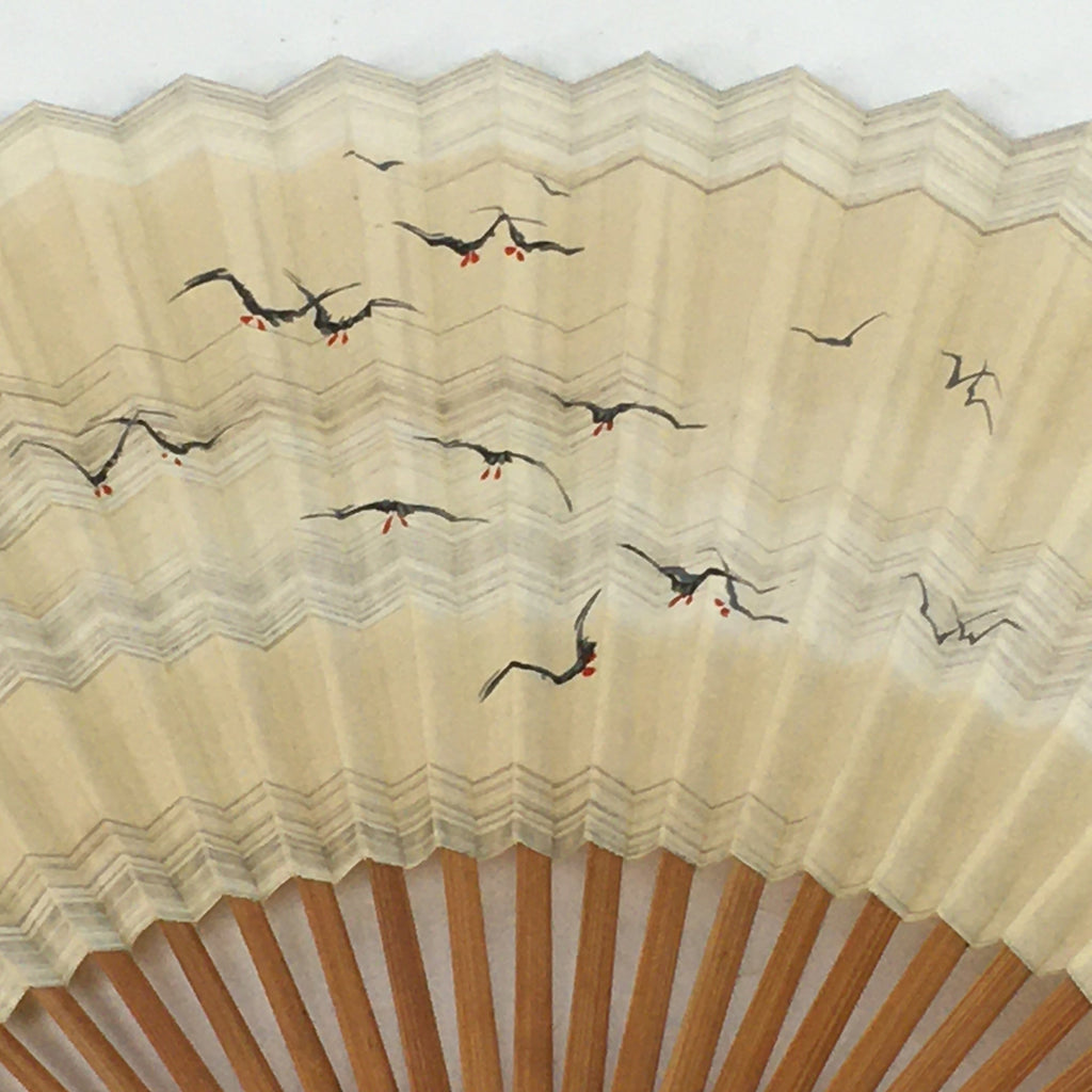 Japanese Folding Fan Vtg Sensu Bamboo Frame Paper Black Birds 4D590