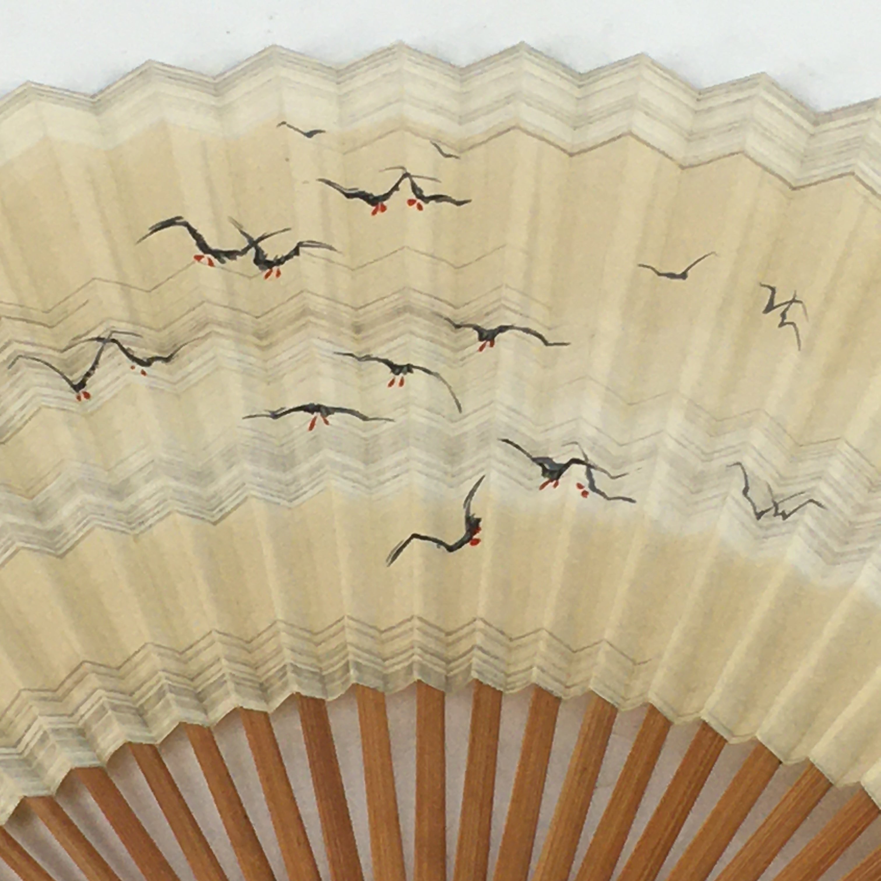Japanese Folding Fan Vtg Sensu Bamboo Frame Paper Black Birds 4D590