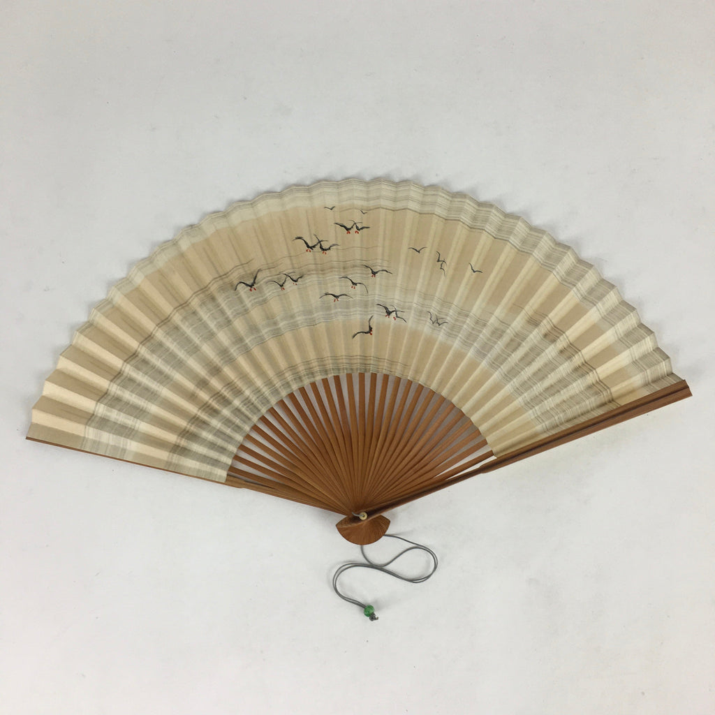 Japanese Folding Fan Vtg Sensu Bamboo Frame Paper Black Birds 4D590